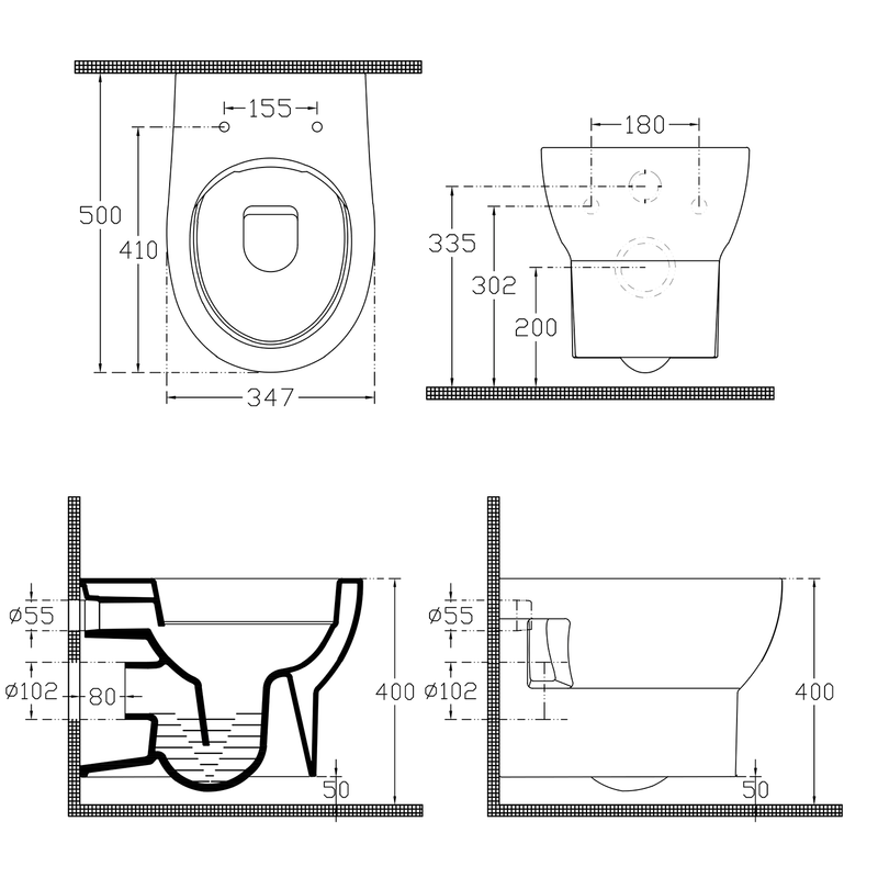 Hangende toiletpot verkort wandtoilet Absolute Rimless 35x50