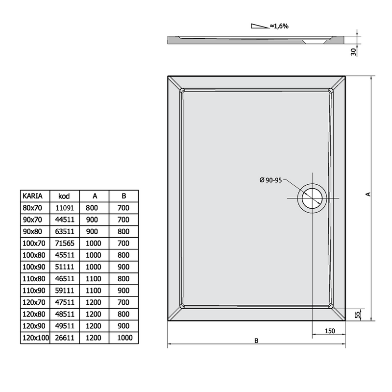 KARIA Mineraalmarmer Douchebak 80x70cm, Wit