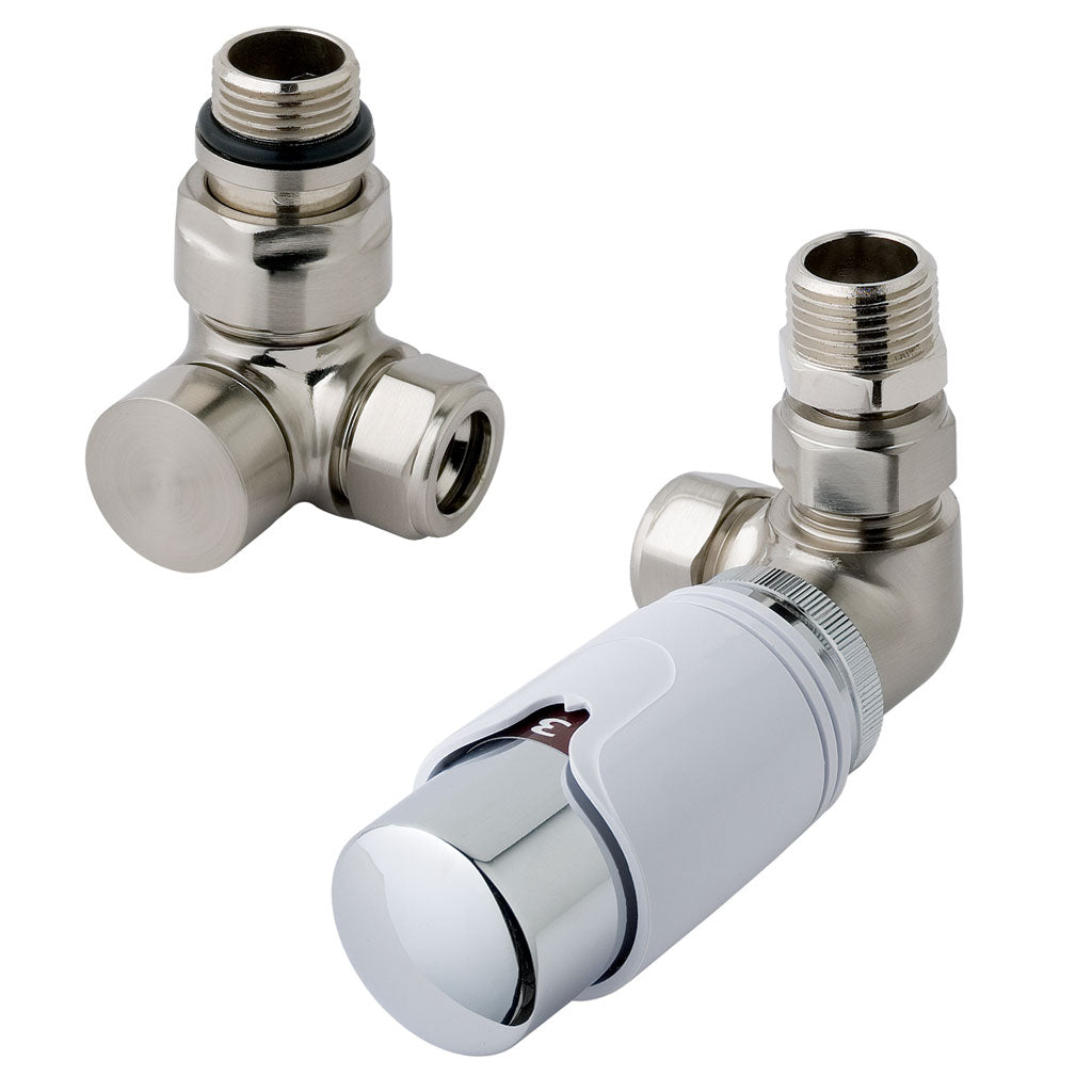 Eastbrook Valve Radiator Aansluitset Haaks Gedraaid Met Thermostaat 15mm Geborsteld Nikkel / Wit