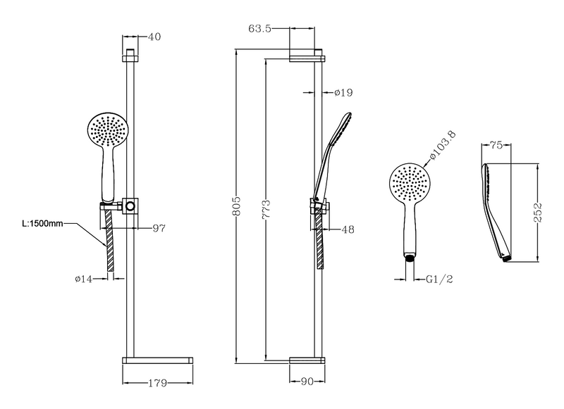 Glijstang set inclusief handdouche en doucheslang 805mm