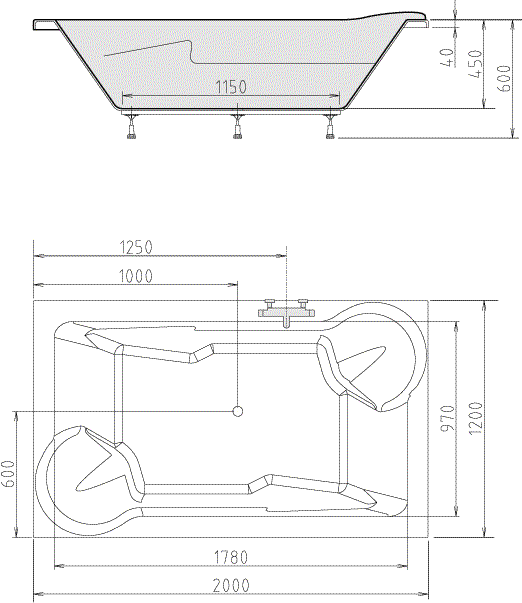 Bovenaanzicht van de badruimte van Inbouwbad Polysan Duo Wit 200 x 120 cm