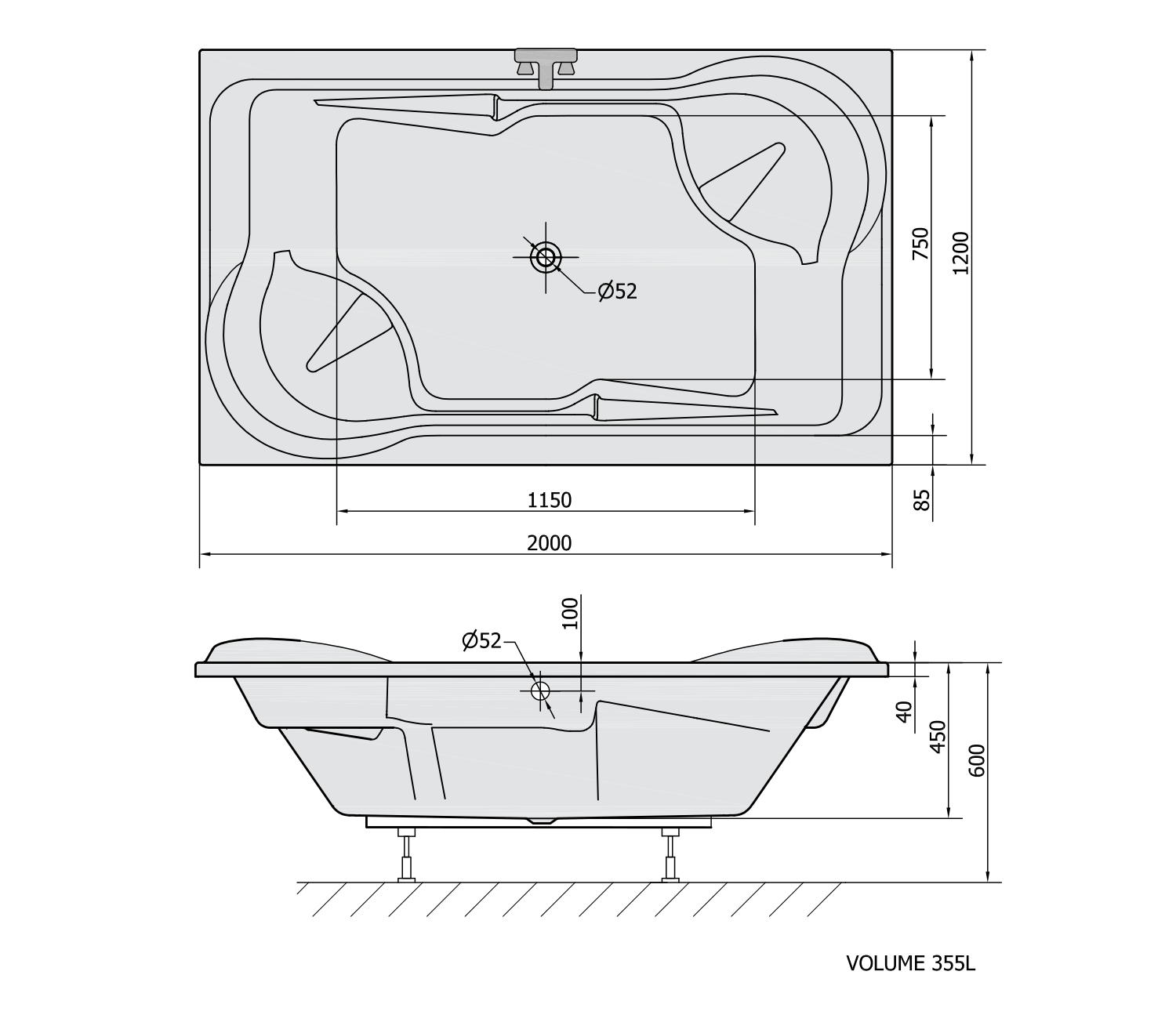 Maattekening Inbouwbad Polysan Duo Wit 200 x 120 cm met afmetingen in cm