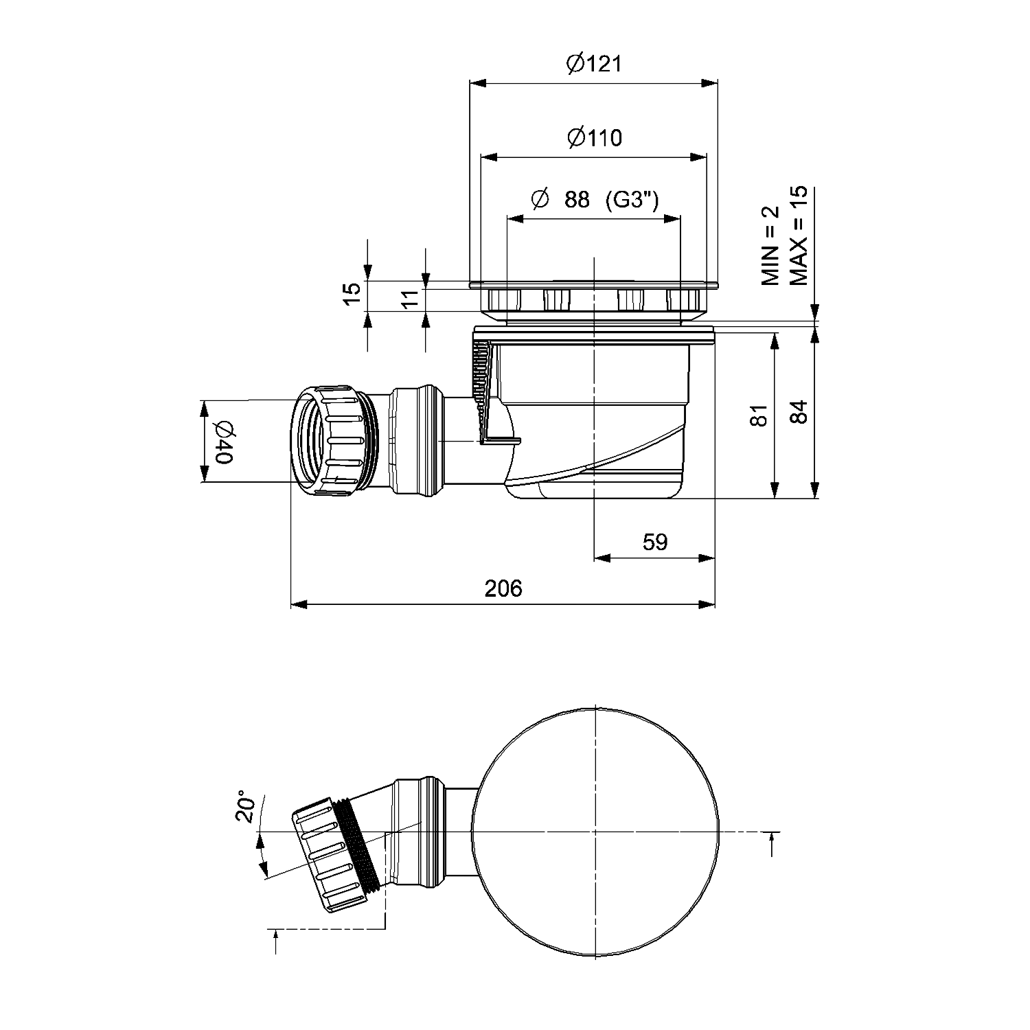 Douchebak Sifon Ø 90mm DN40 RVS verchroomde deksel
