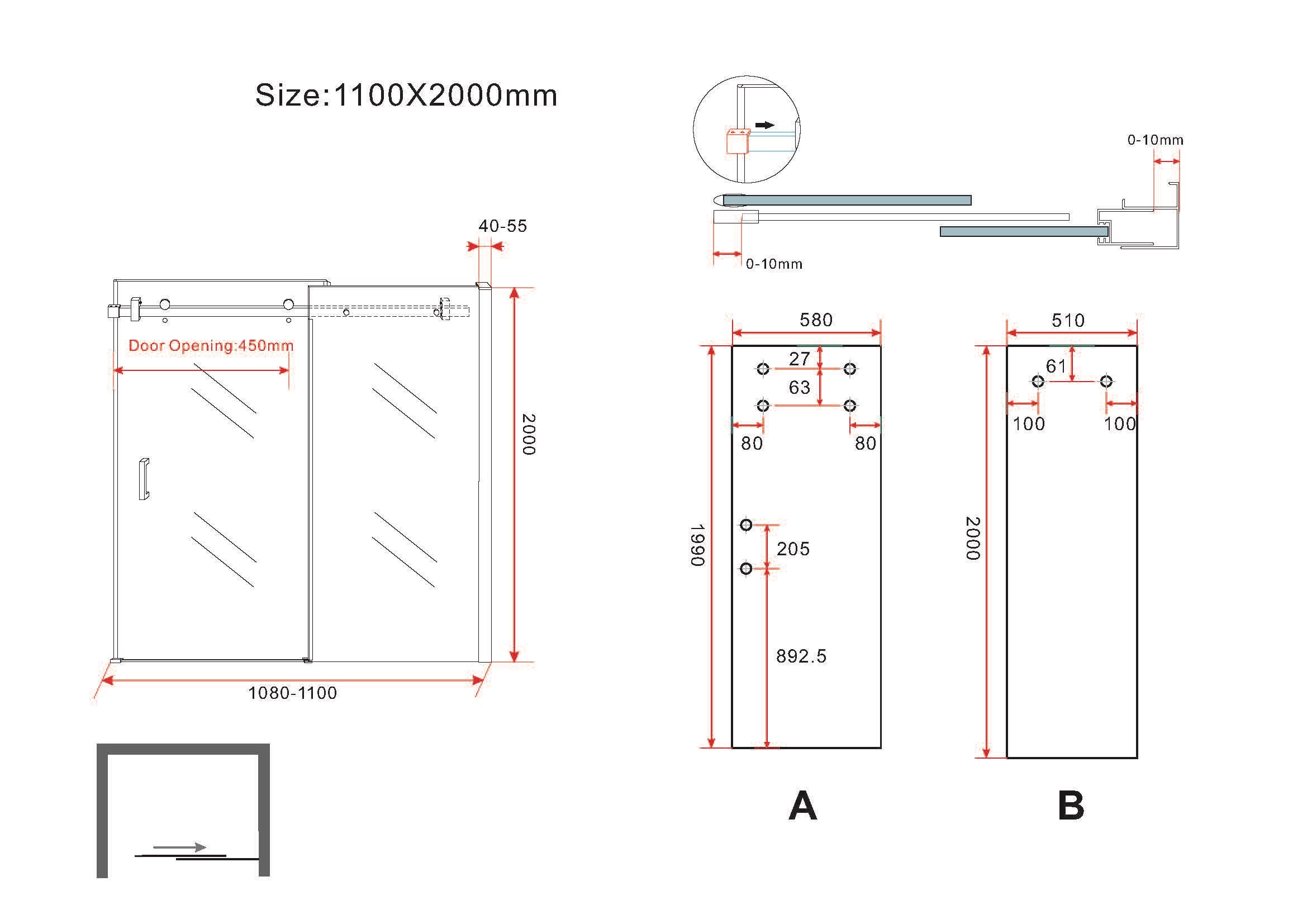 Maattekening Wiesbaden Slide nis schuifdeur 1100 x 2000 x 8 mm nano helder glas/chroom