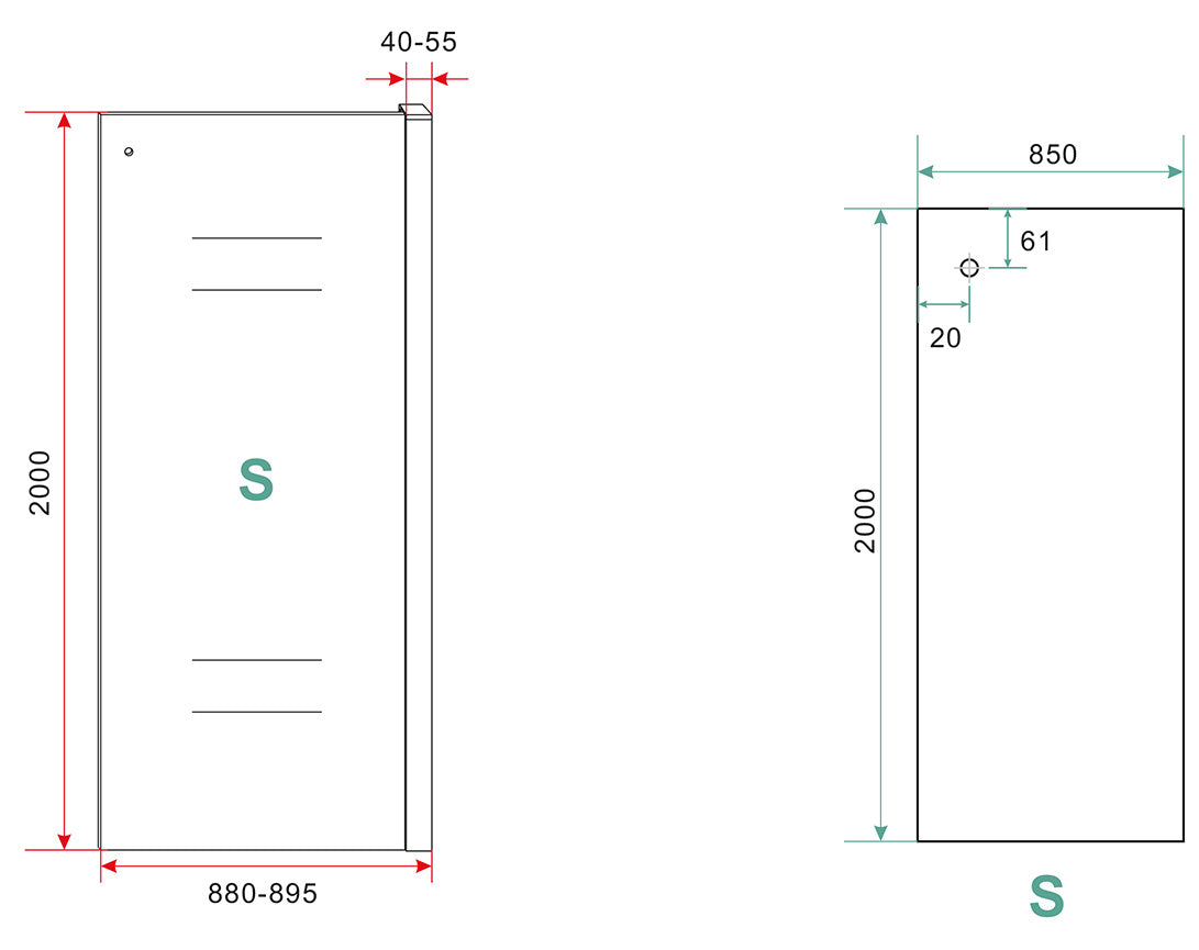 Maattekening Wiesbaden Side zijwand voor nis schuifdeur 900 x 2000 x 8 mm nano helder glas/mat zwart