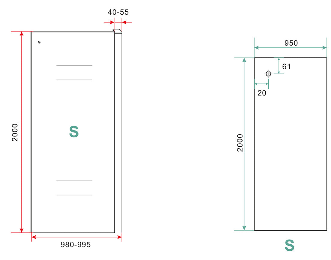 Maattekening Wiesbaden Side zijwand voor nis schuifdeur 1000 x 2000 x 8 mm nano helder glas/mat zwart