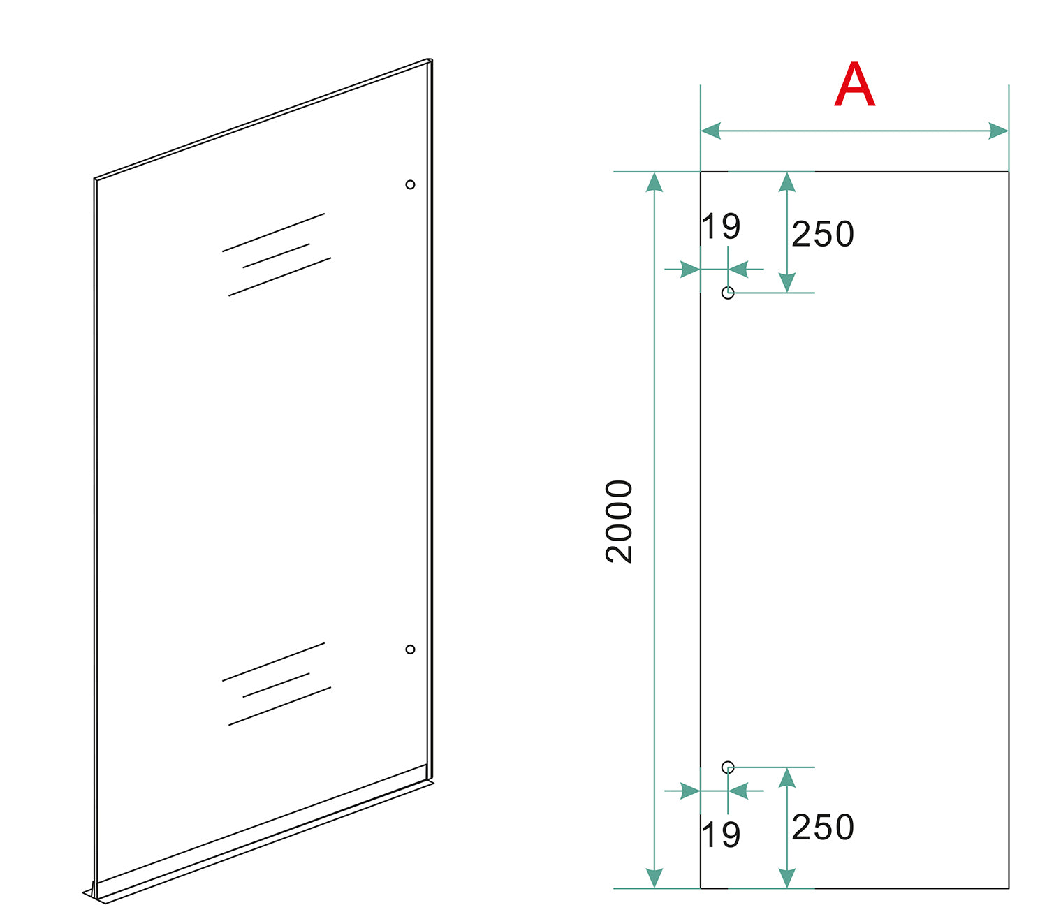 Maattekening Wiesbaden Less inloopdouche rechts 800 x 2000 x 8 mm nano spiegelrook- naar helder glas/mat zwart