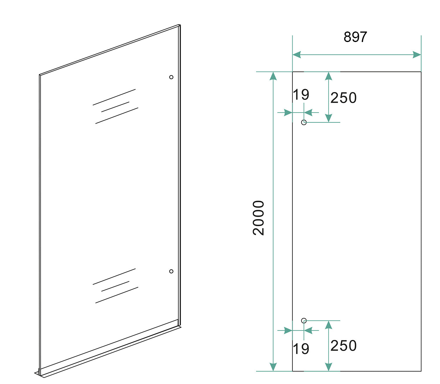 Maattekening Wiesbaden Less inloopdouche rechts 900 x 2000 x 8 mm nano spiegelrook- naar helder glas/gunmetal