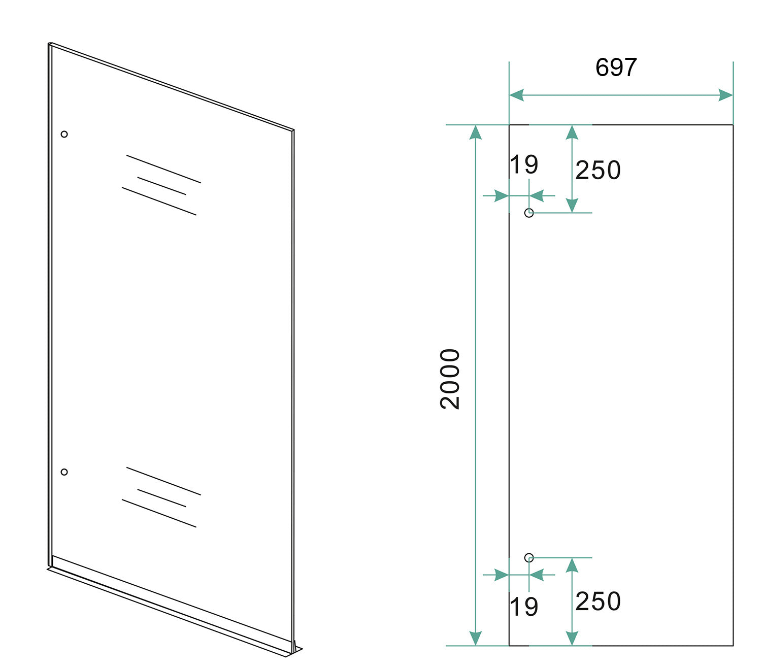 Maattekening Wiesbaden Less inloopdouche 700 x 2000 x 8 mm nano helder glas/chroom