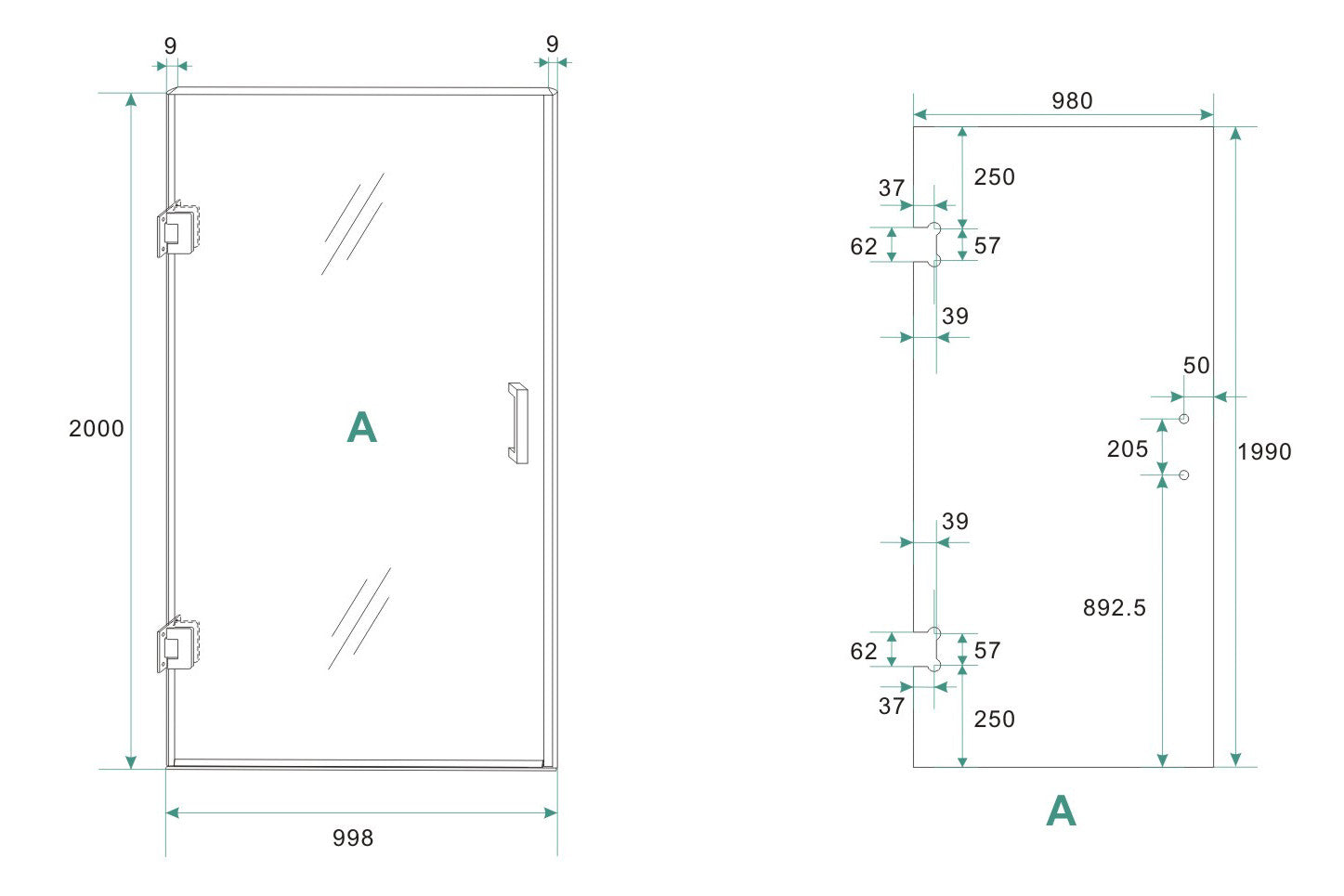 Maattekening Wiesbaden Less nisdeur 1000 x 2000 x 8 mm nano helder glas/chroom