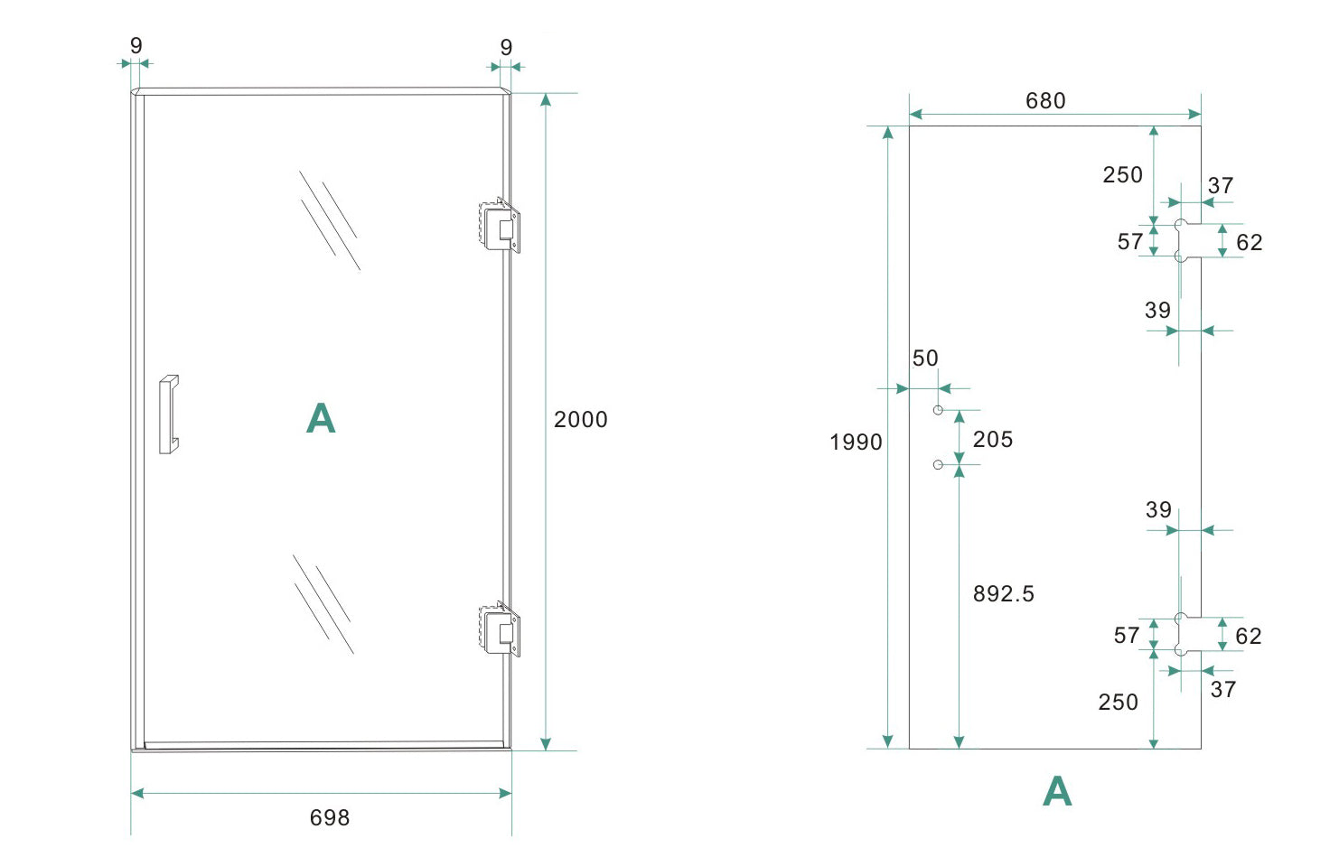 Maattekening Wiesbaden Less nisdeur rechts 700 x 2000 x 8 mm nano spiegelrook- naar helder glas/chroom