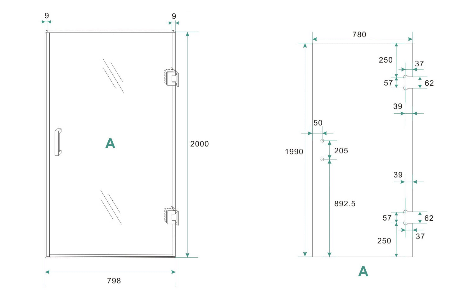 Maattekening Wiesbaden Less nisdeur rechts 800 x 2000 x 8 mm nano spiegelrook- naar helder glas/mat wit