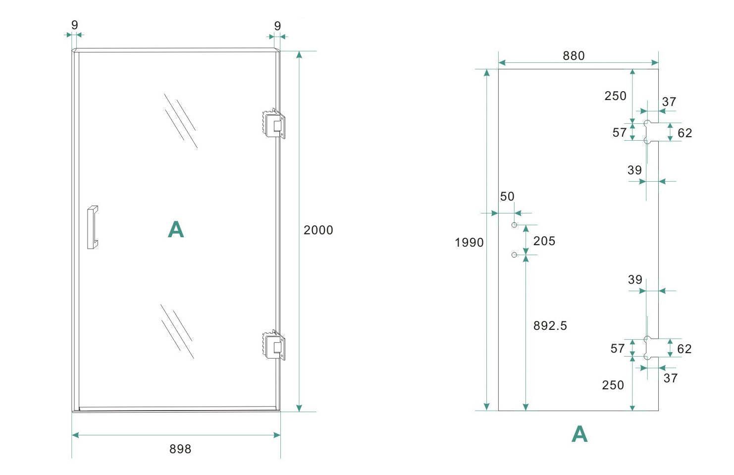 Maattekening Wiesbaden Less nisdeur rechts 900 x 2000 x 8 mm nano spiegelrook- naar helder glas/mat wit
