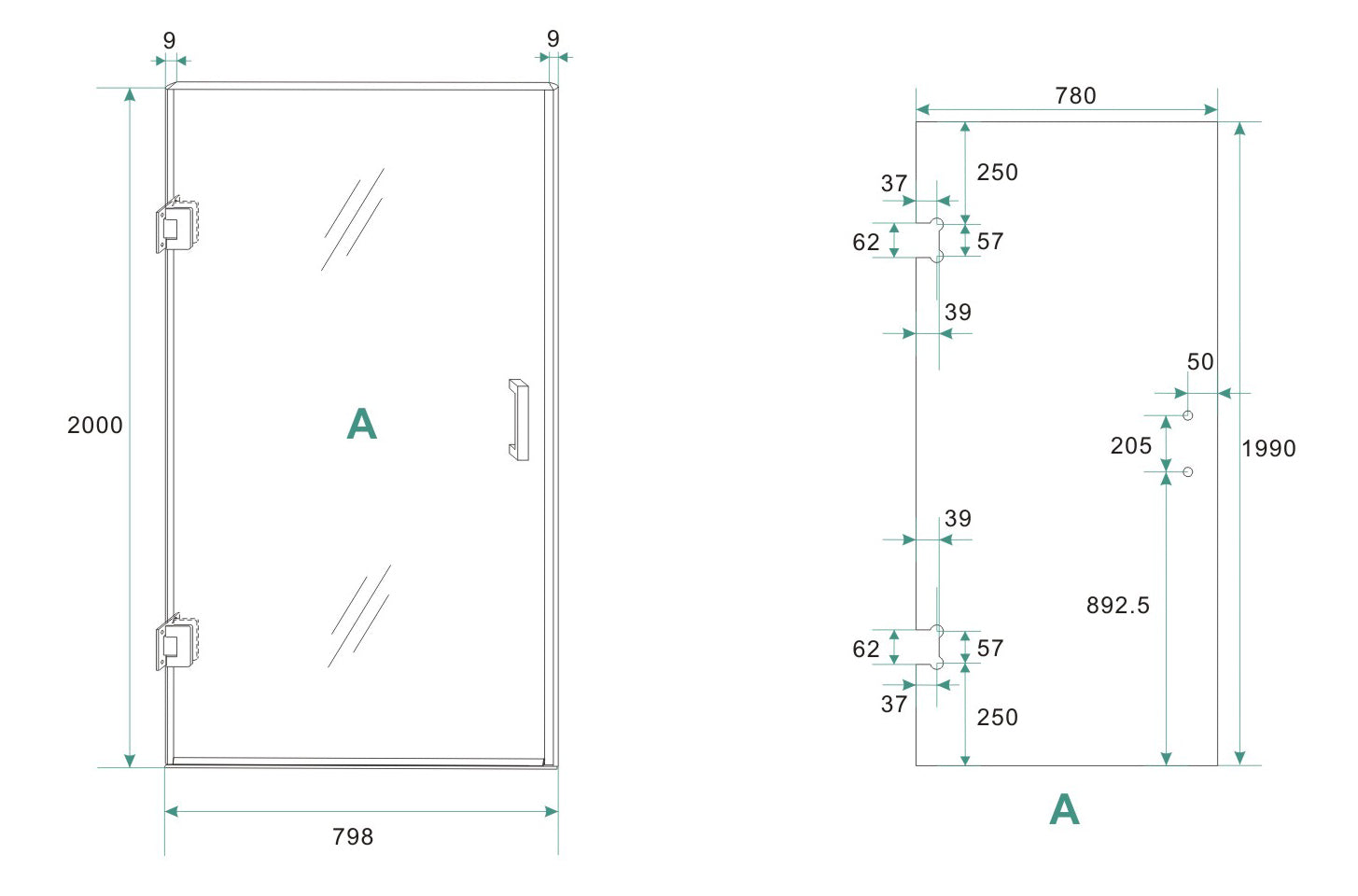 Maattekening Wiesbaden Less nisdeur 800 x 2000 x 8 mm nano vintage brons glas/geborsteld staal