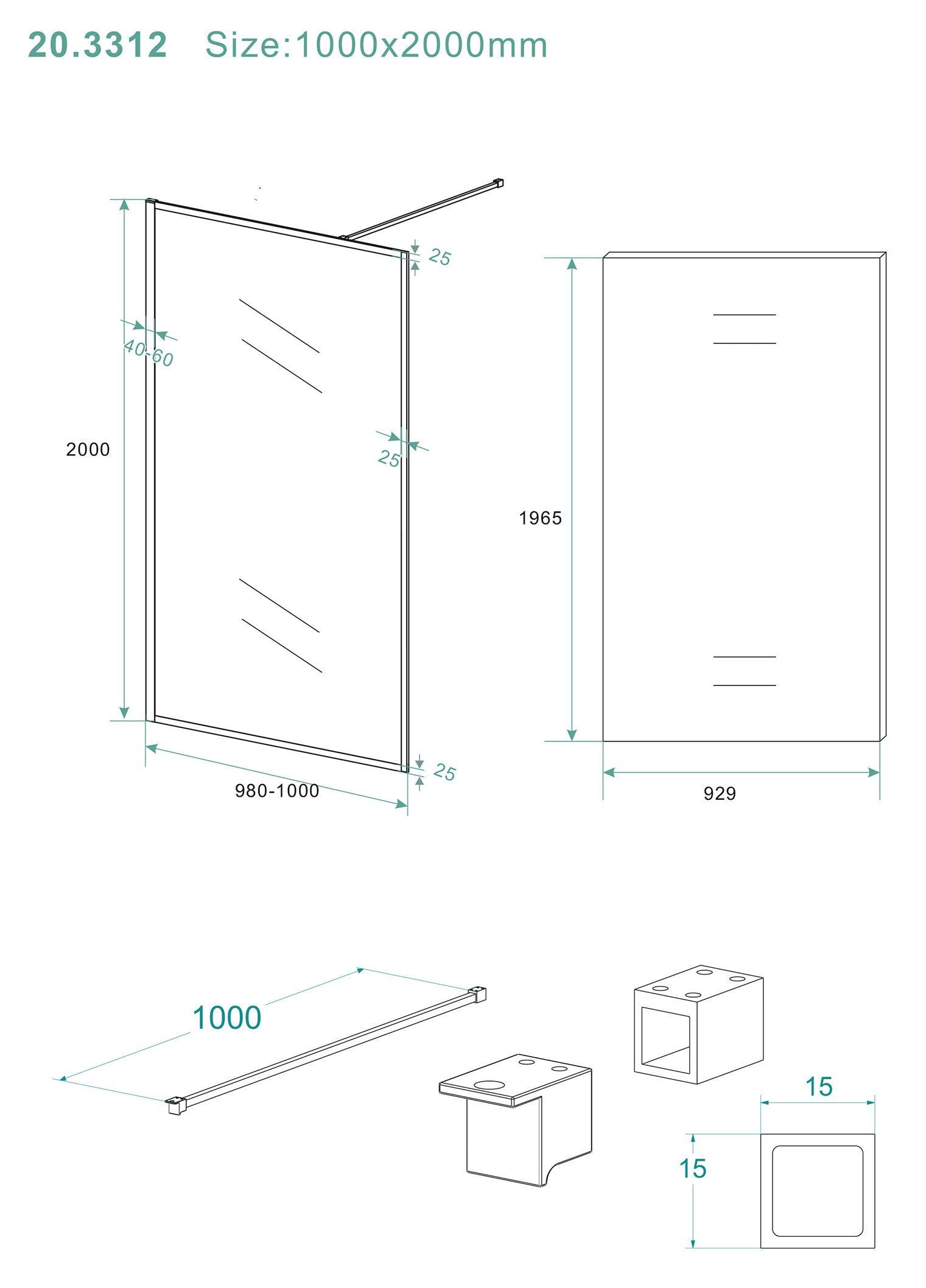 Maattekening Wiesbaden Square inloopdouche 1000 x 2000 x 8 mm nano helder glas/mat zwart