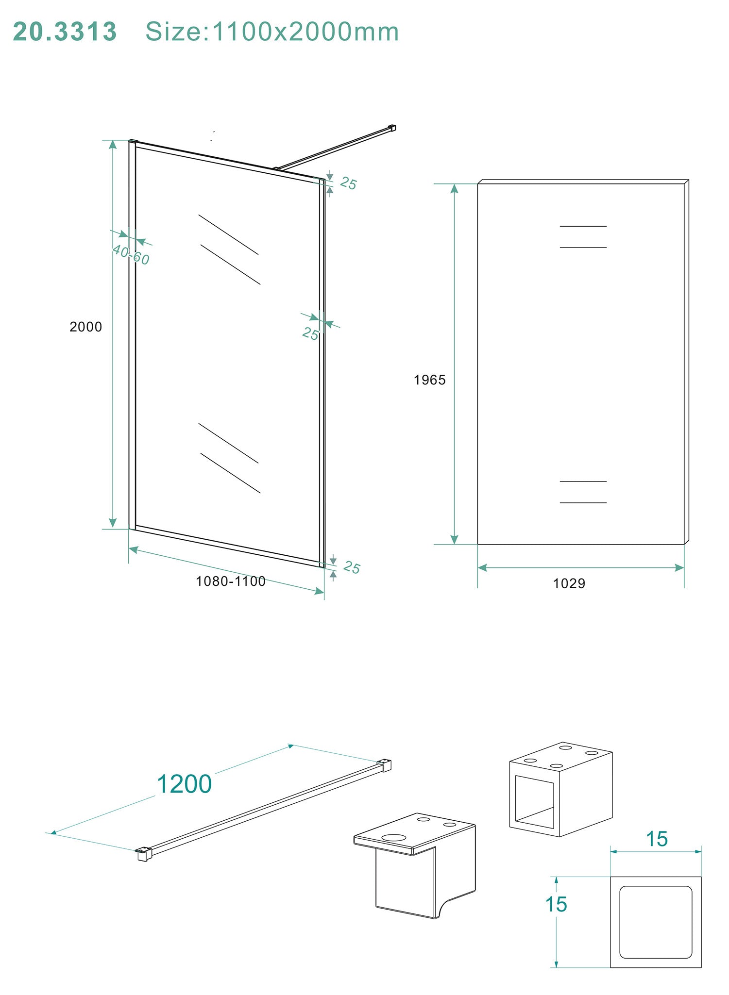 Maattekening Wiesbaden Square inloopdouche 1100 x 2000 x 8 mm nano helder glas/mat zwart