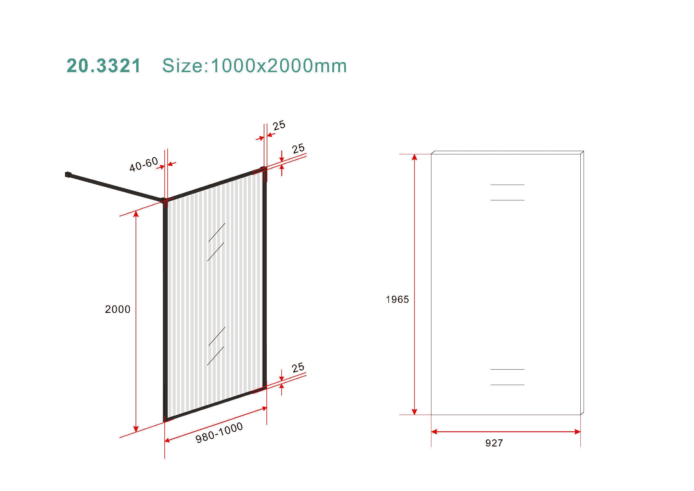 Maattekening Wiesbaden Square inloopdouche 1000 x 2000 x 8 mm nano geribbeld helder glas/mat zwart