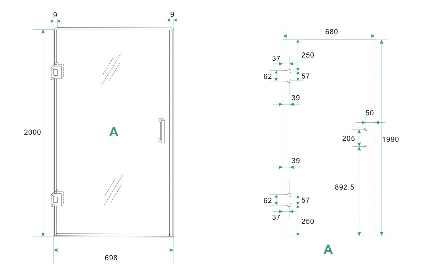 Maattekening Wiesbaden Less nisdeur 700 x 2000 x 8 mm nano helder glas/geborsteld staal