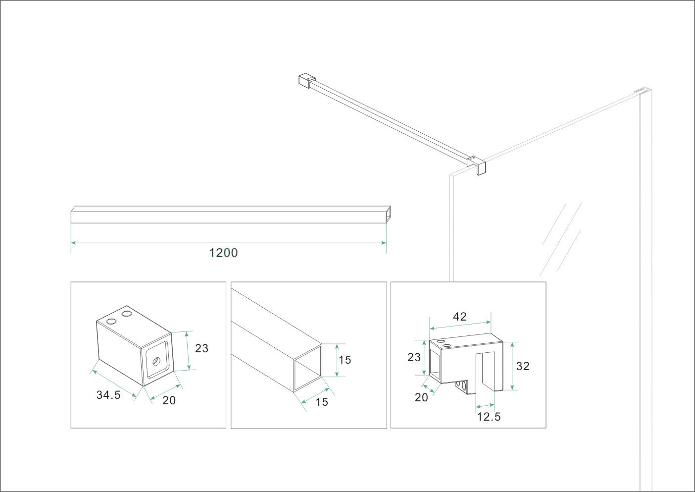 Maattekening Wiesbaden Slim profielset met stabilisatiestang 120 cm geborsteld brons koper