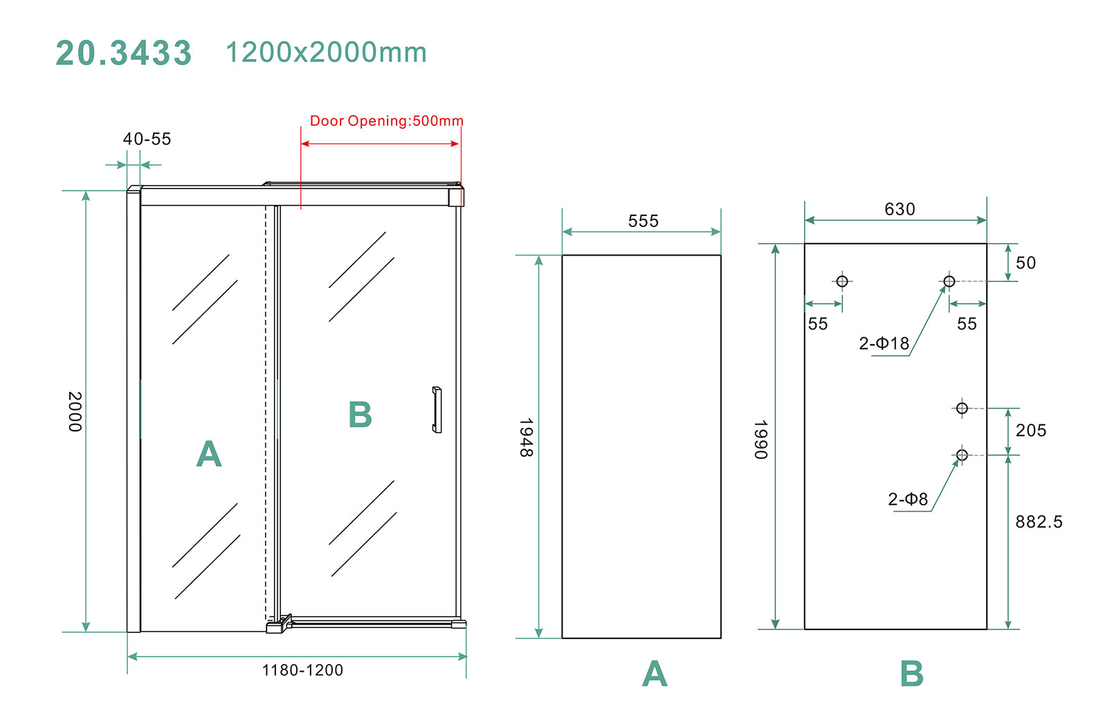 Maattekening Wiesbaden Puerta nisdeur met 1 schuifdeur 1200 x 2000 x 8 mm nano helder glas/chroom