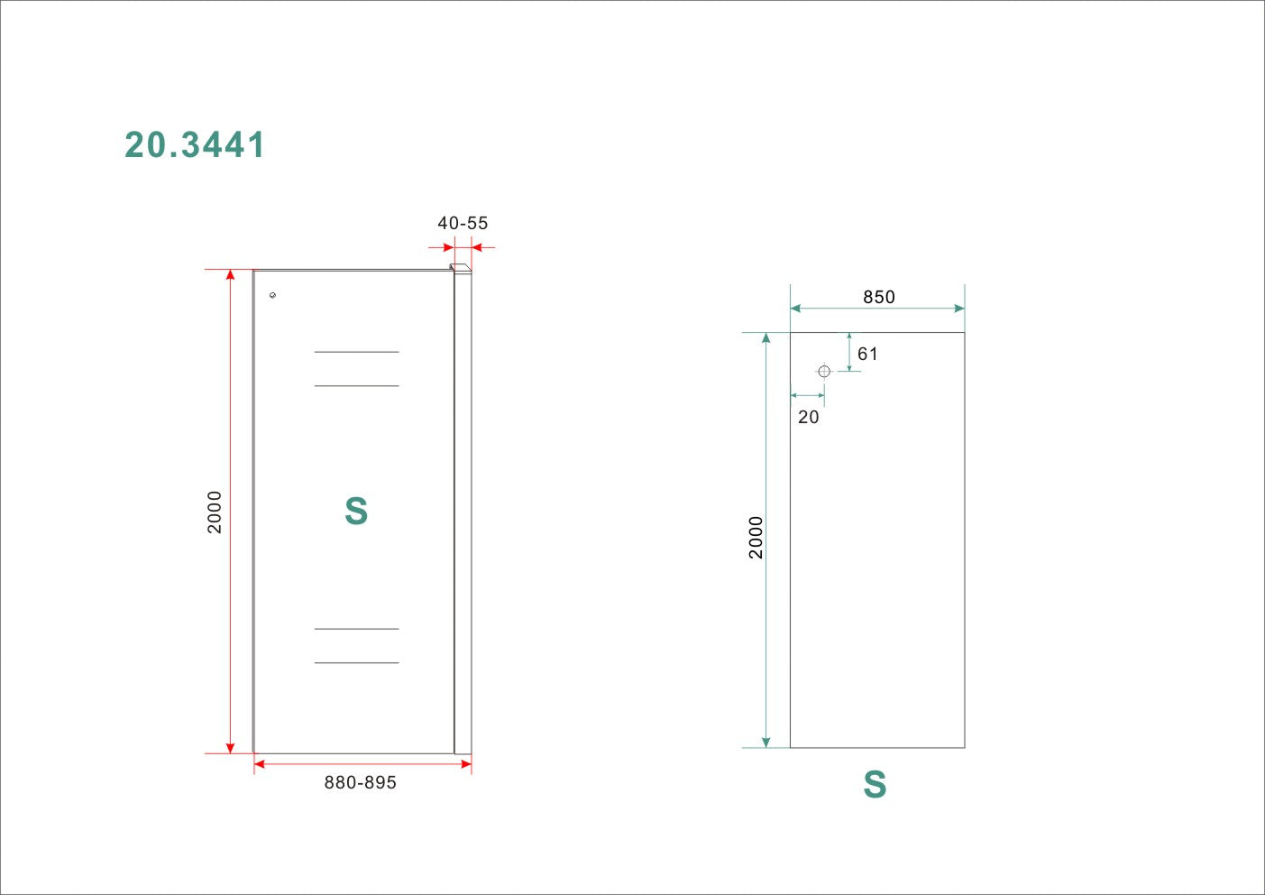Maattekening Wiesbaden Side zijwand voor Puerta en Slide nisdeur 900 x 2000 x 8 mm nano helder glas/chroom