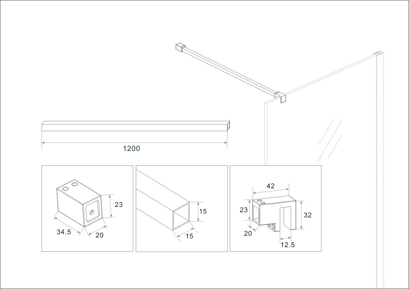 Maattekening Wiesbaden Slim set stabilisatiestangen 120 cm voor vrijstaande inloopdouches gunmetal