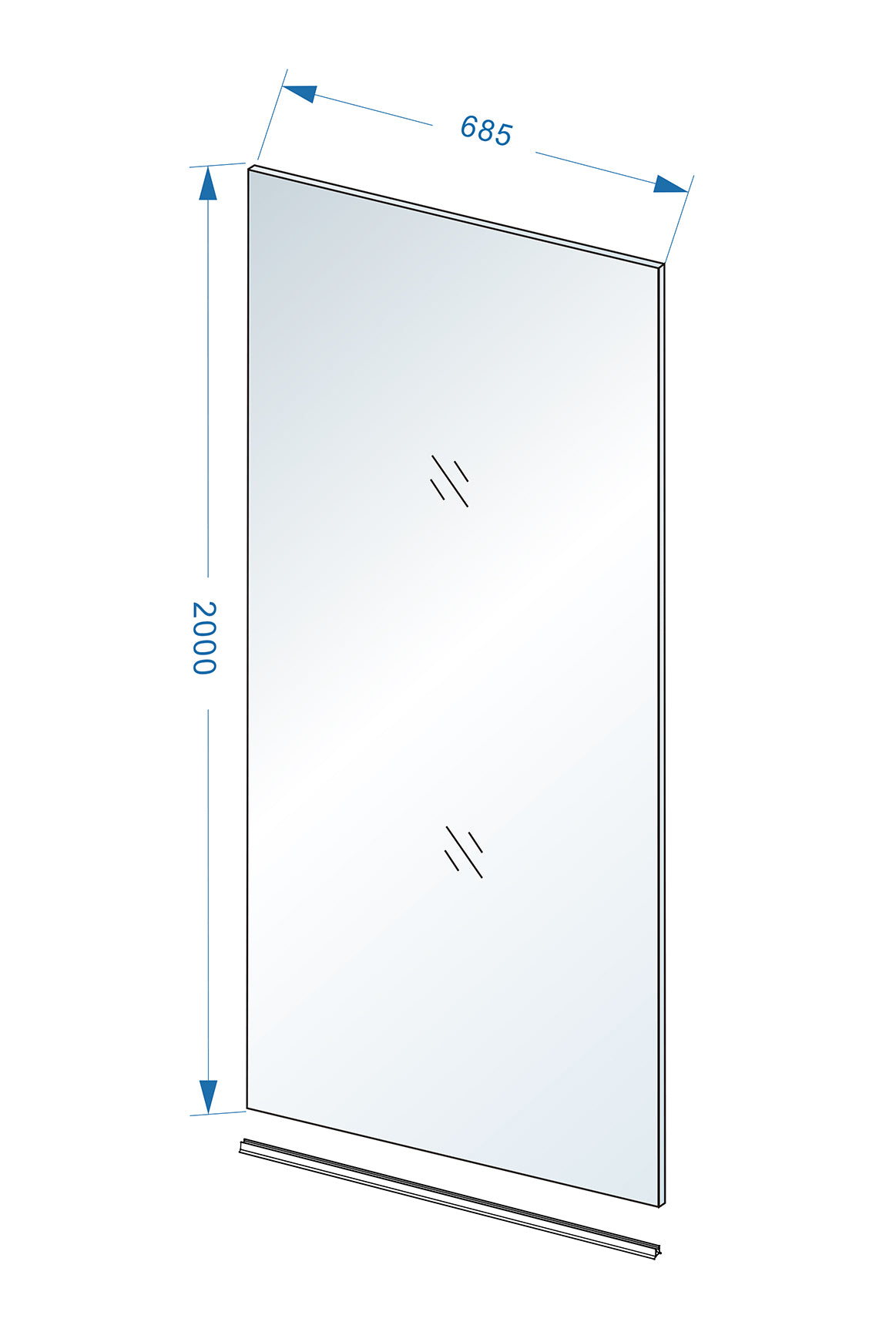 Maattekening Wiesbaden Slim glasplaat 700 x 2000 x 8 mm nano helder glas