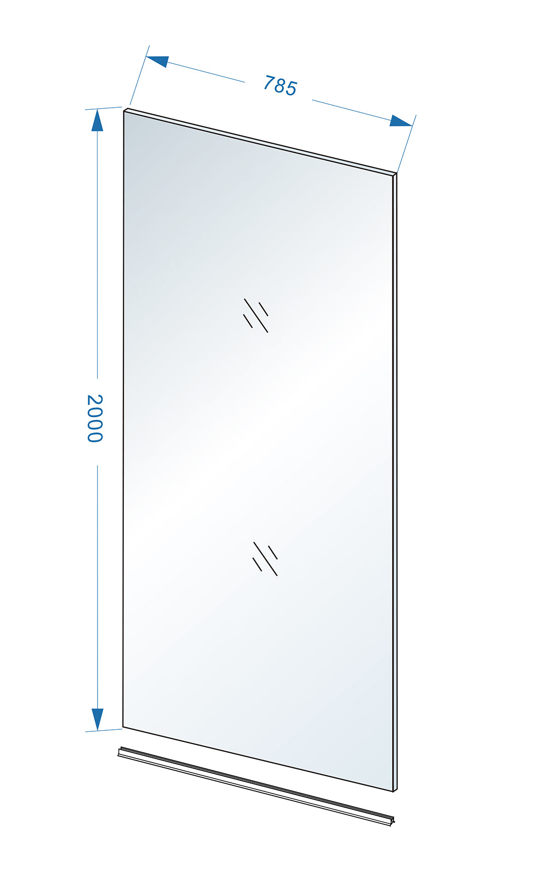 Maattekening Wiesbaden Slim glasplaat 800 x 2000 x 8 mm nano helder glas