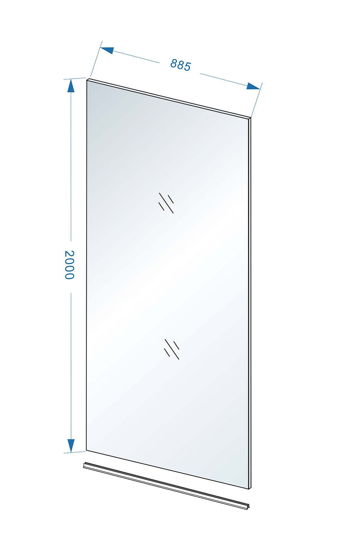 Maattekening Wiesbaden Slim glasplaat 900 x 2000 x 8 mm nano helder glas