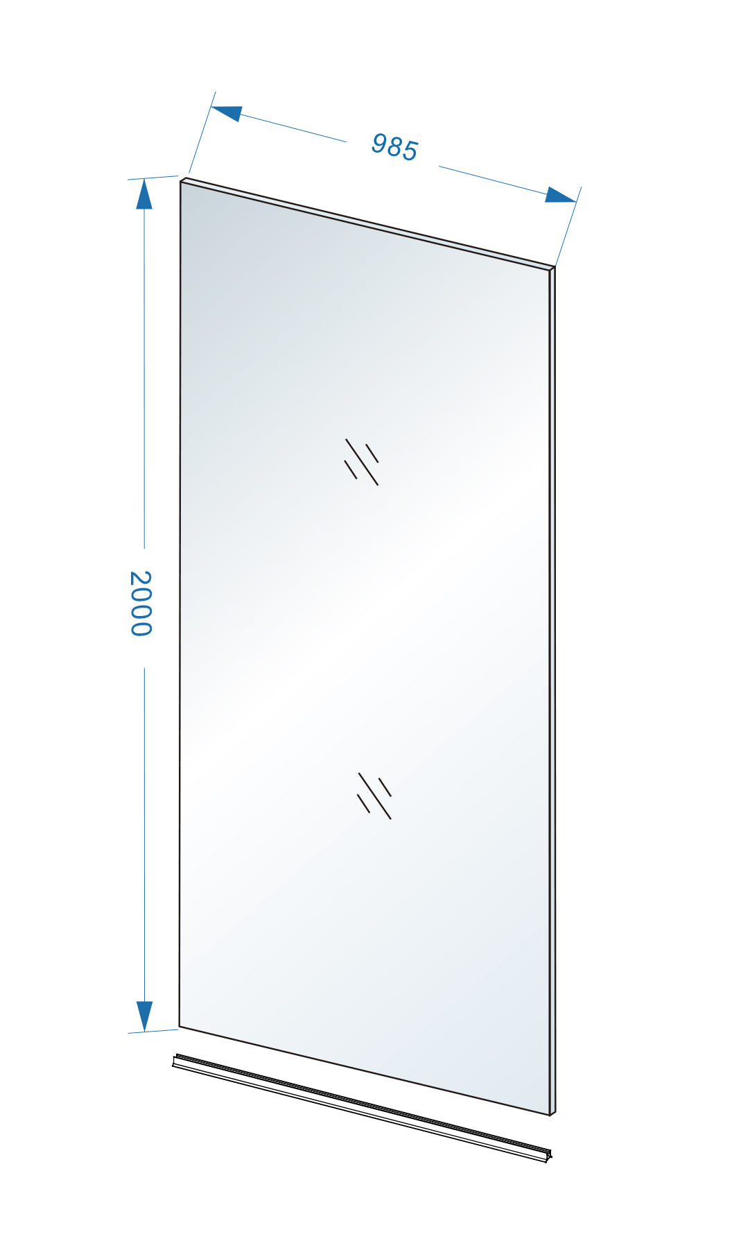 Maattekening Wiesbaden Slim glasplaat 1000 x 2000 x 8 mm nano helder glas