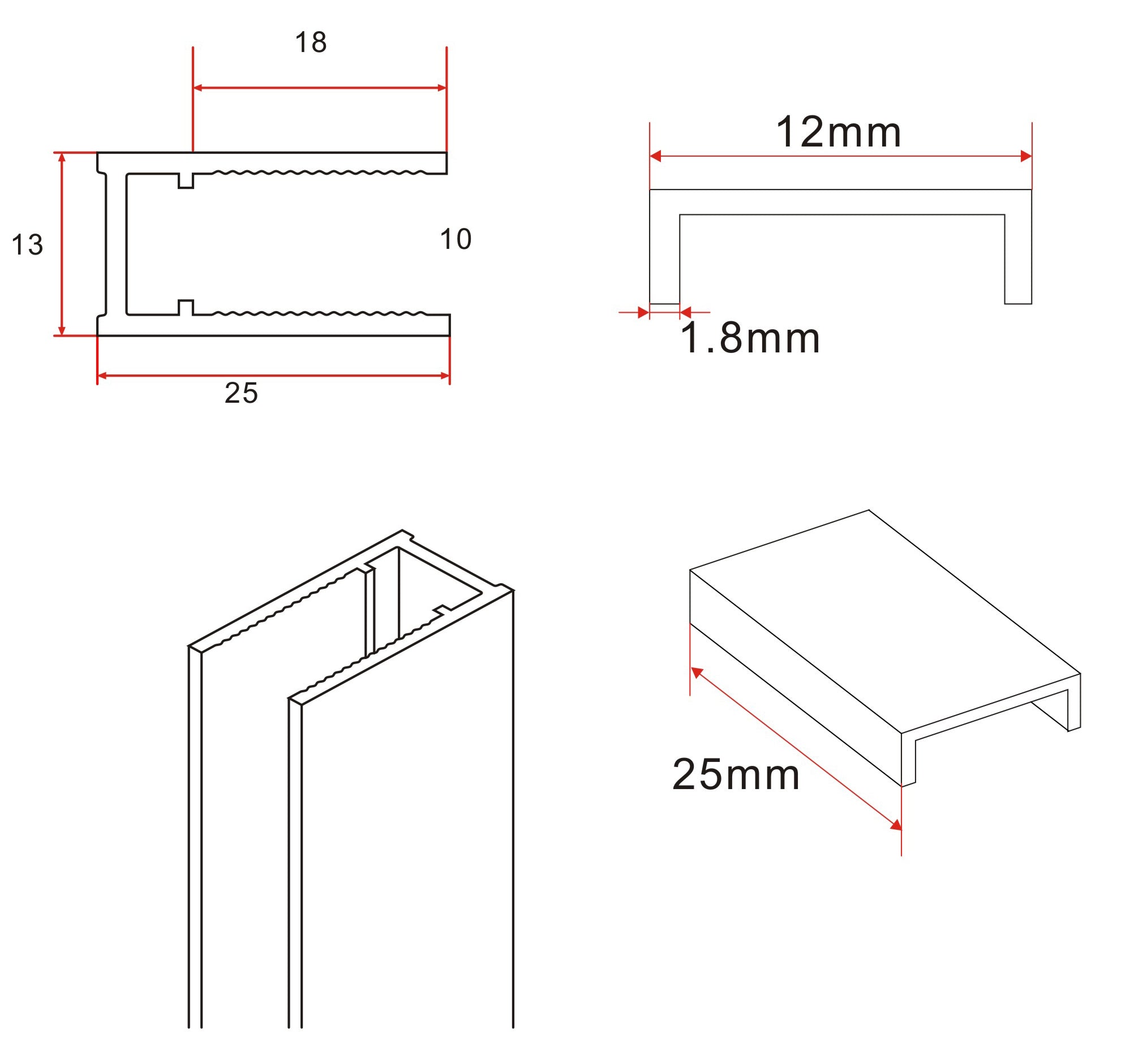 Maattekening Wiesbaden Slim profielset met stabilisatiestang 120 cm geborsteld staal