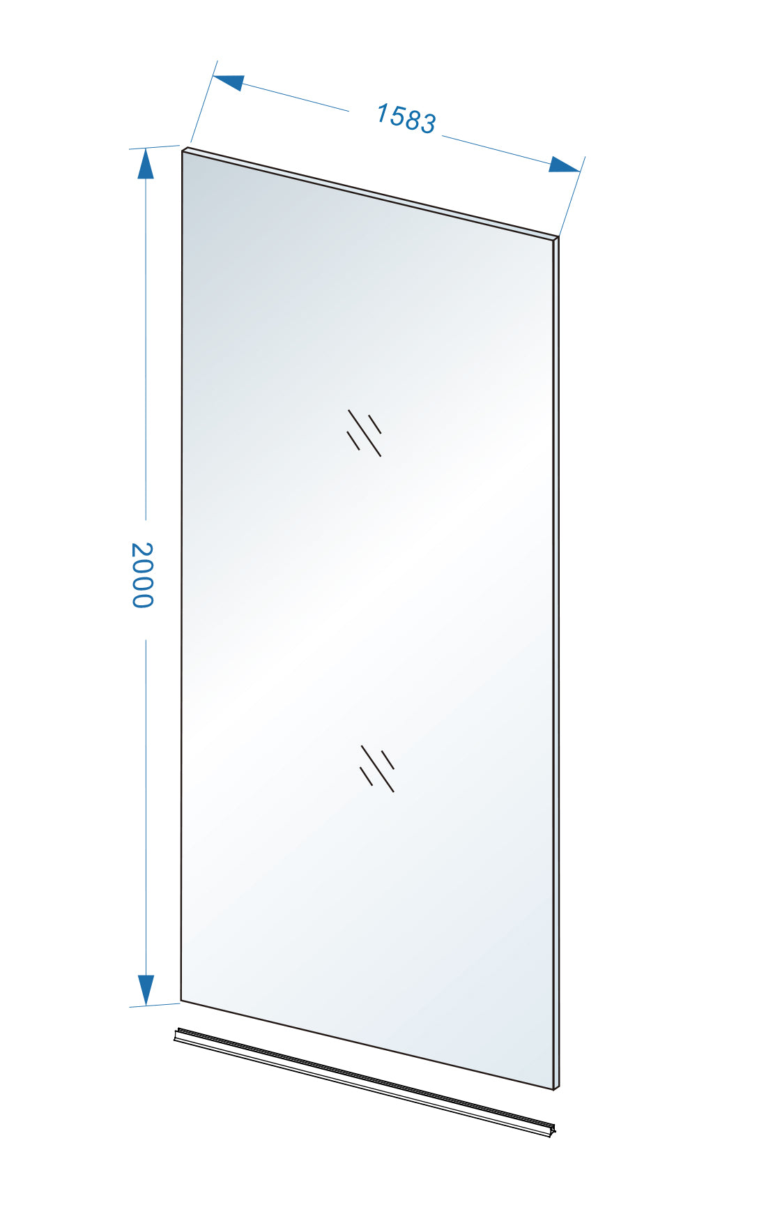 Maattekening Wiesbaden Slim glasplaat 1600 x 2000 x 8 mm nano rookglas