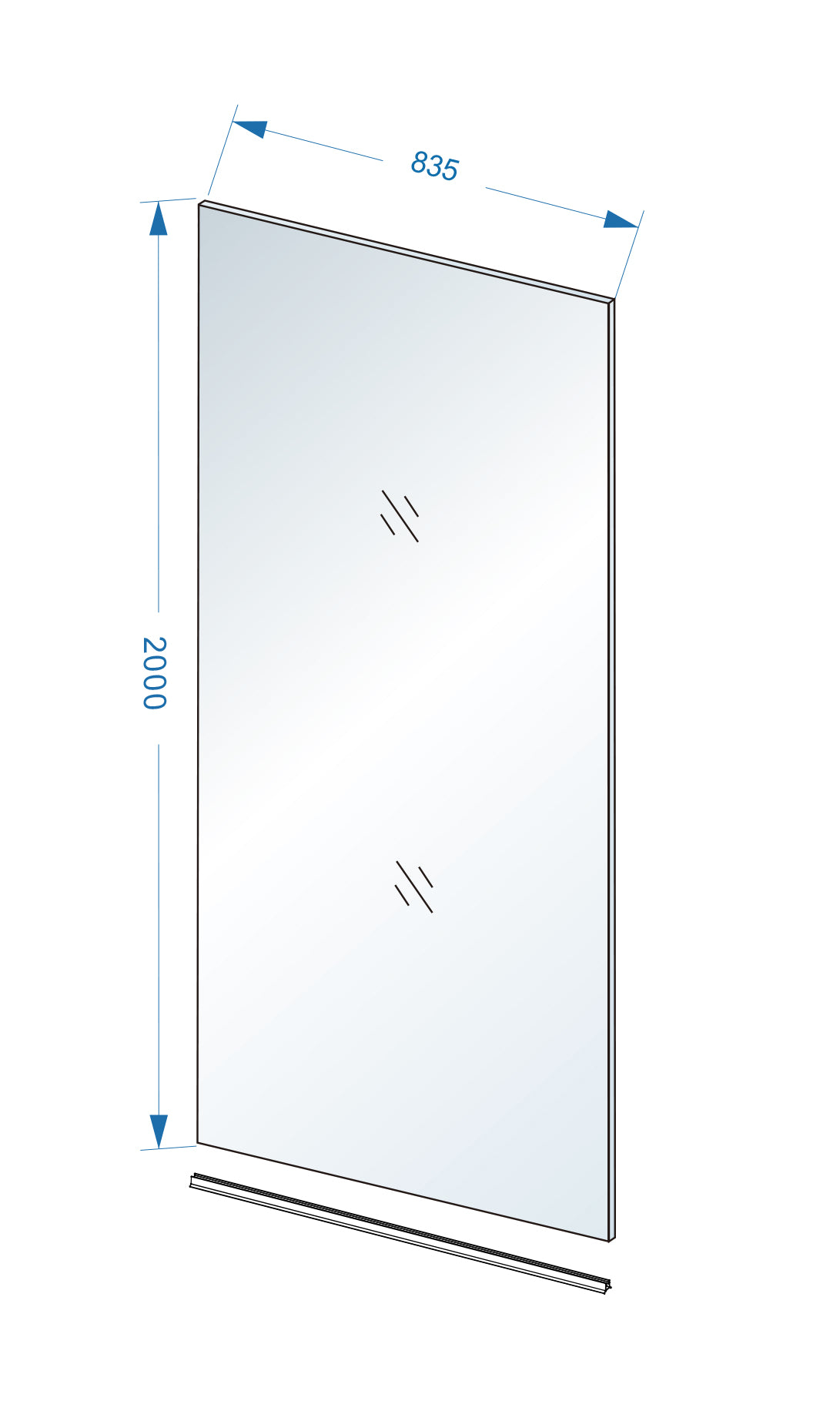 Maattekening Wiesbaden Slim glasplaat 850 x 2000 x 8 mm nano helder glas