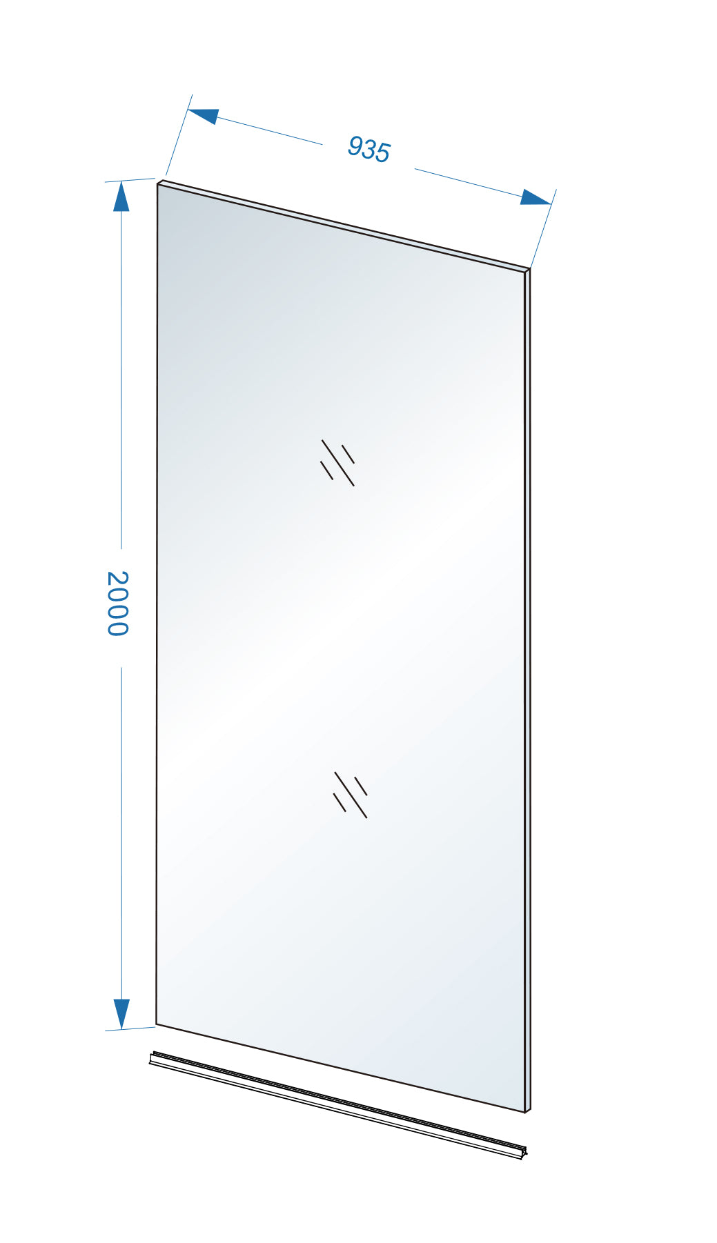 Maattekening Wiesbaden Slim glasplaat 950 x 2000 x 8 mm nano helder glas