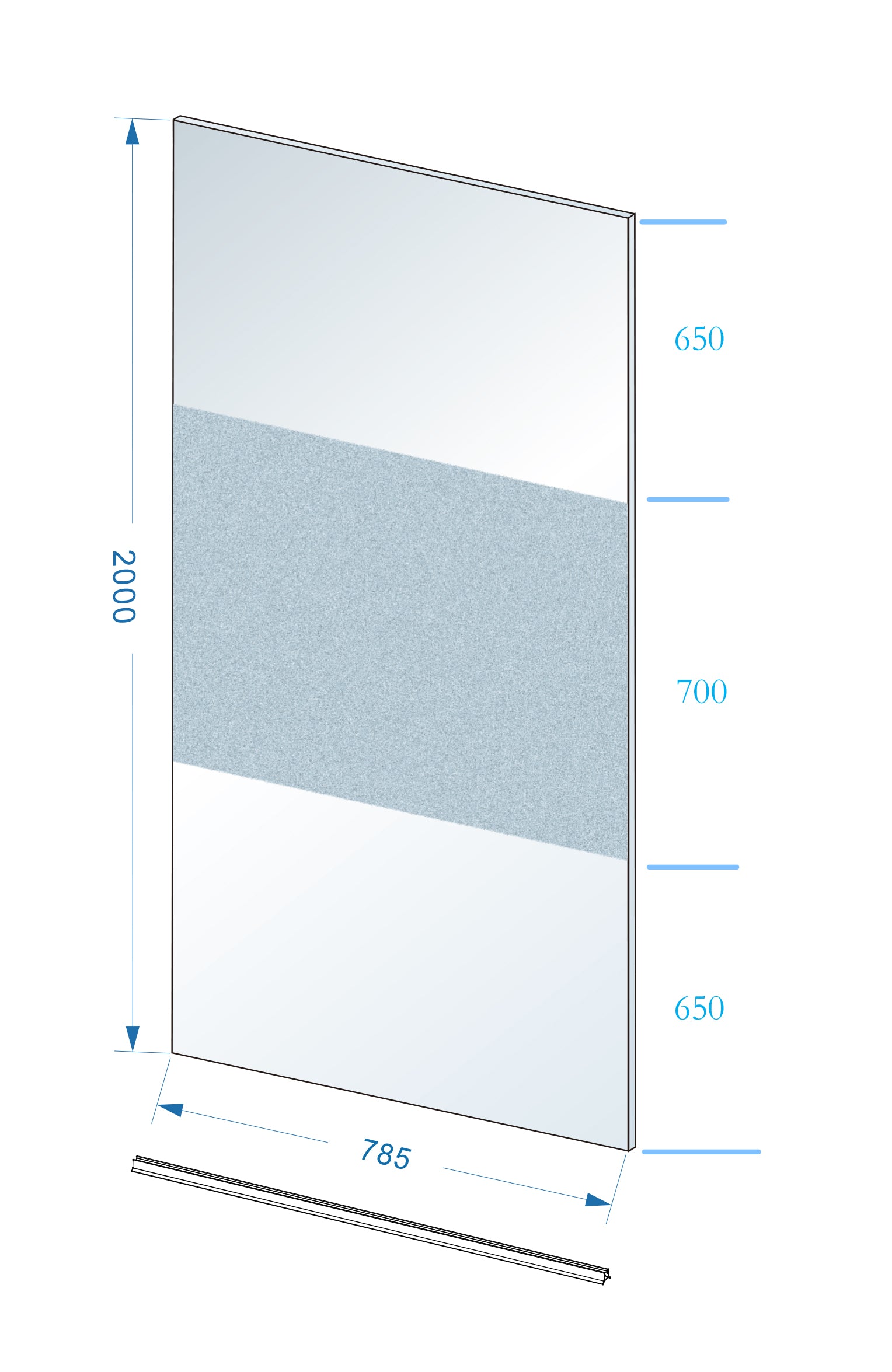 Maattekening Wiesbaden Slim glasplaat 800 x 2000 x 8 mm nano helder glas met melkglas middenband