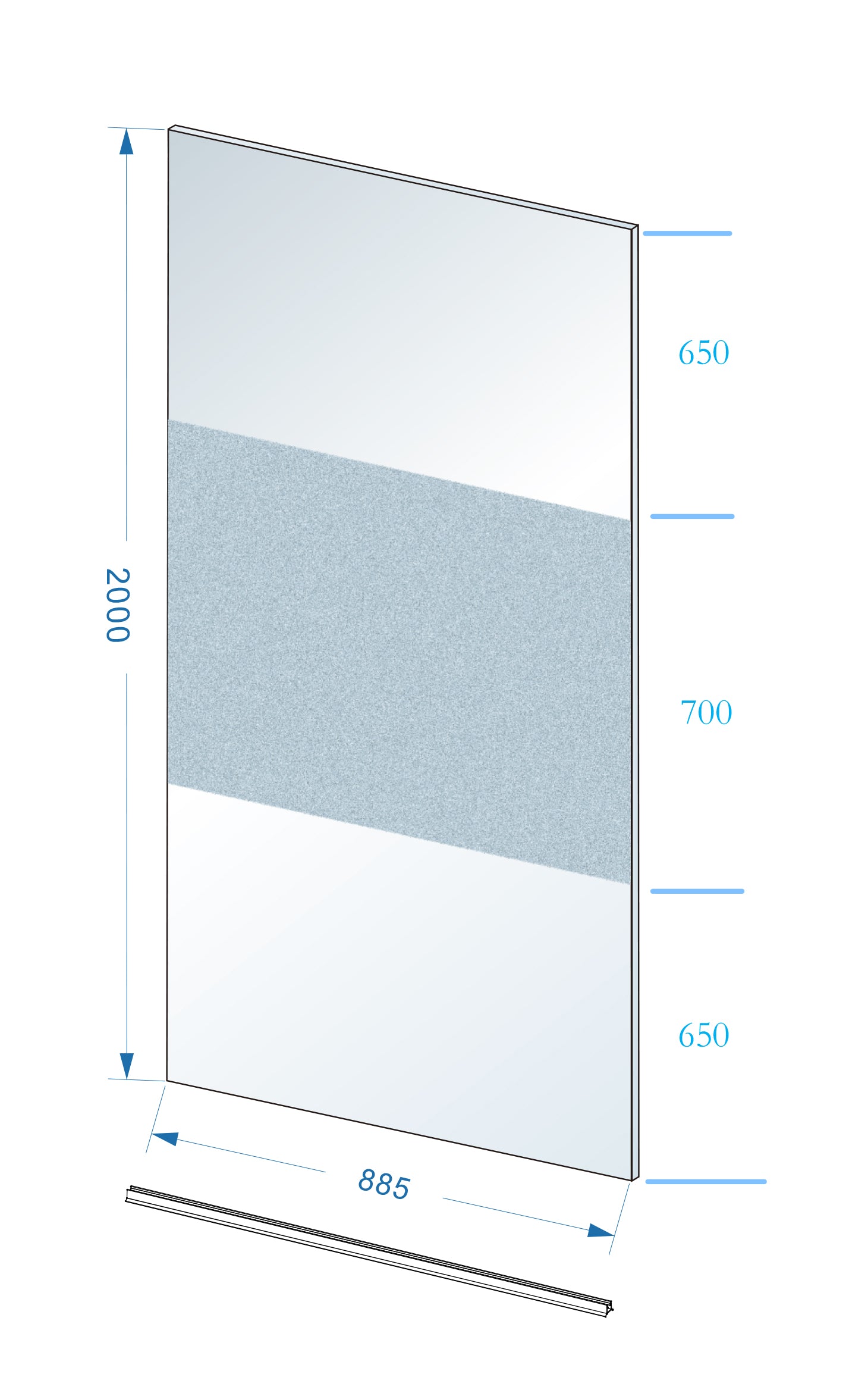 Maattekening Wiesbaden Slim glasplaat 900 x 2000 x 8 mm nano helder glas met melkglas middenband