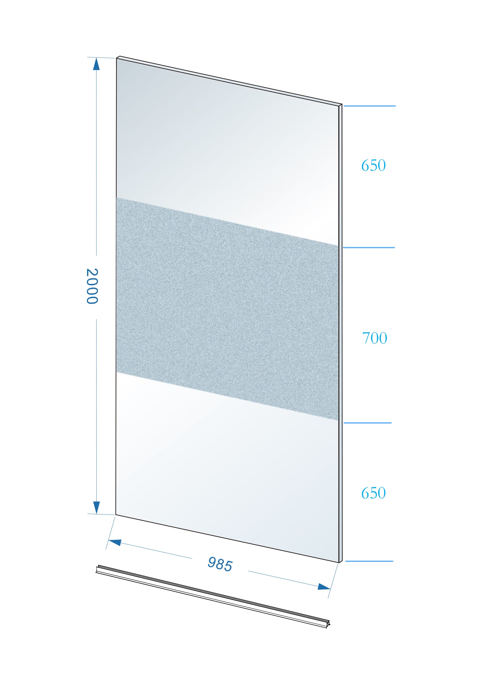 Maattekening Wiesbaden Slim glasplaat 1000 x 2000 x 8 mm nano helder glas met melkglas middenband