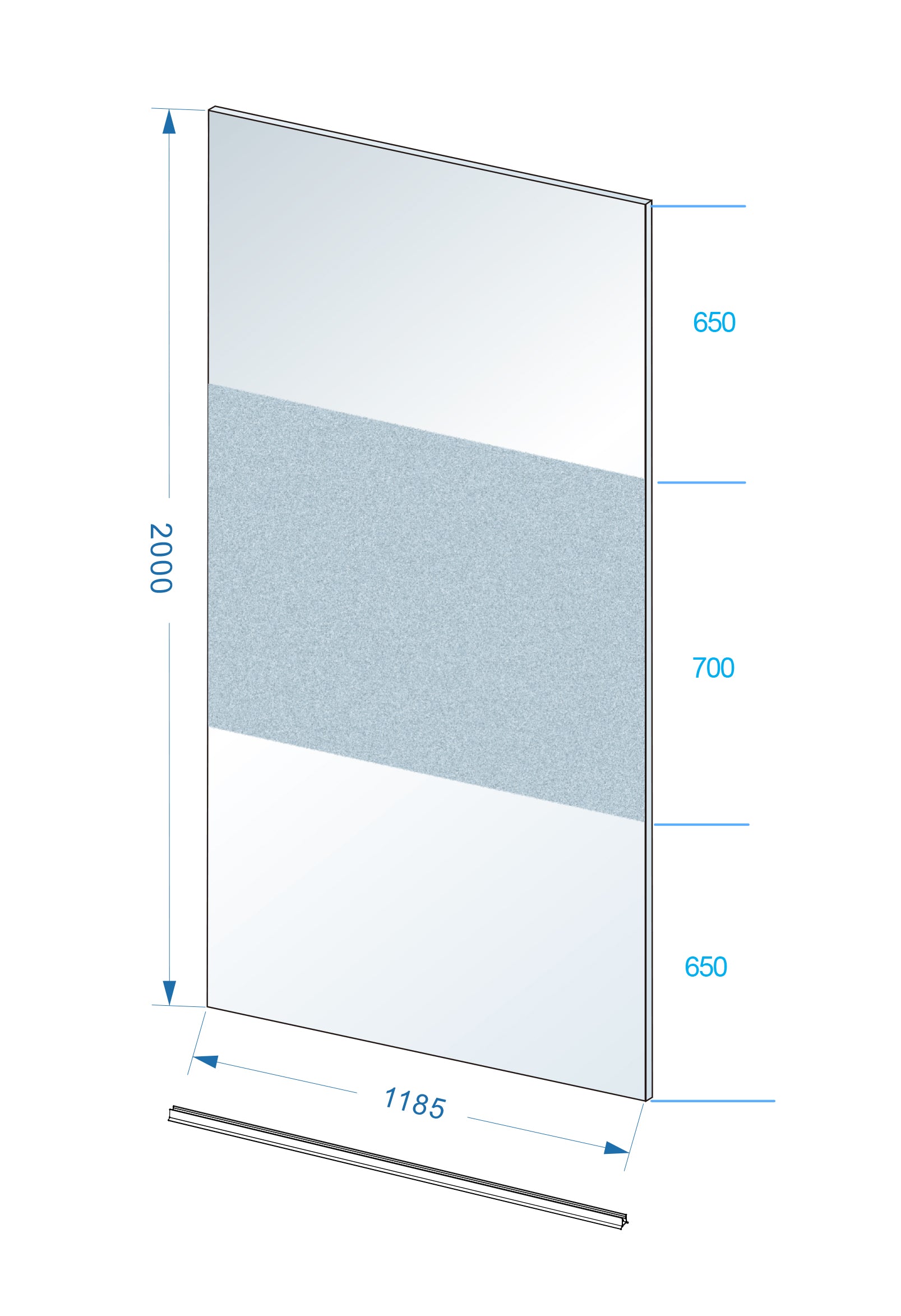 Maattekening Wiesbaden Slim glasplaat 1200 x 2000 x 8 mm nano helder glas met melkglas middenband