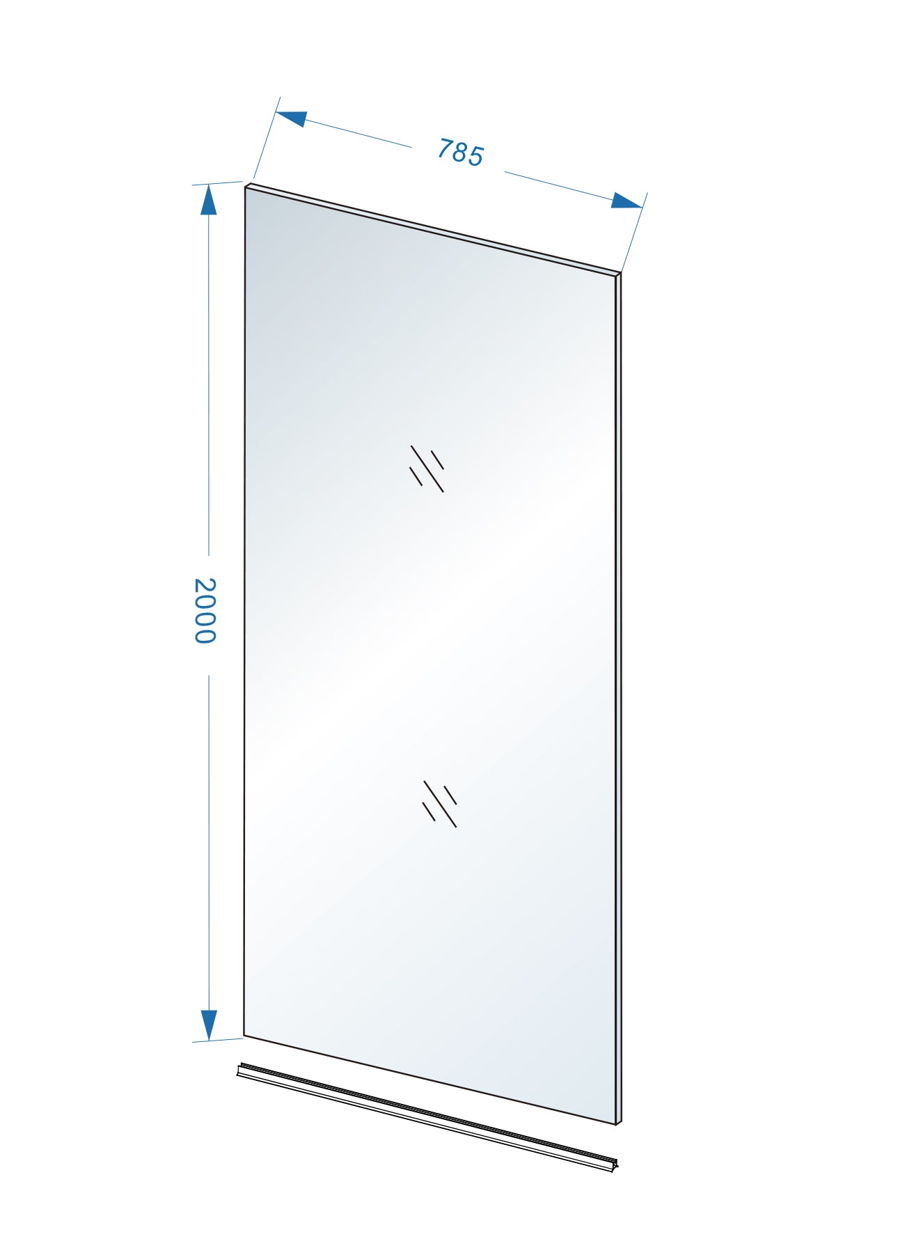 Maattekening Wiesbaden Slim glasplaat 800 x 2000 x 8 mm nano rookglas
