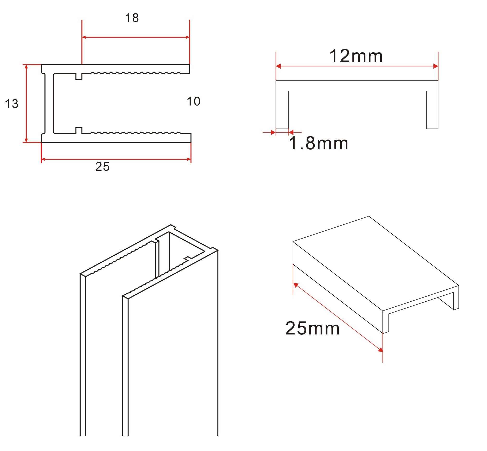 Maattekening Wiesbaden Slim profielset met stabilisatiestang 120 cm mat wit