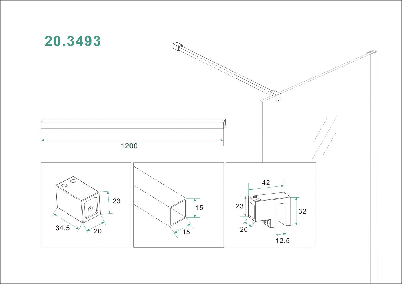 Maattekening Wiesbaden Slim stabilisatiestang 120 cm mat wit