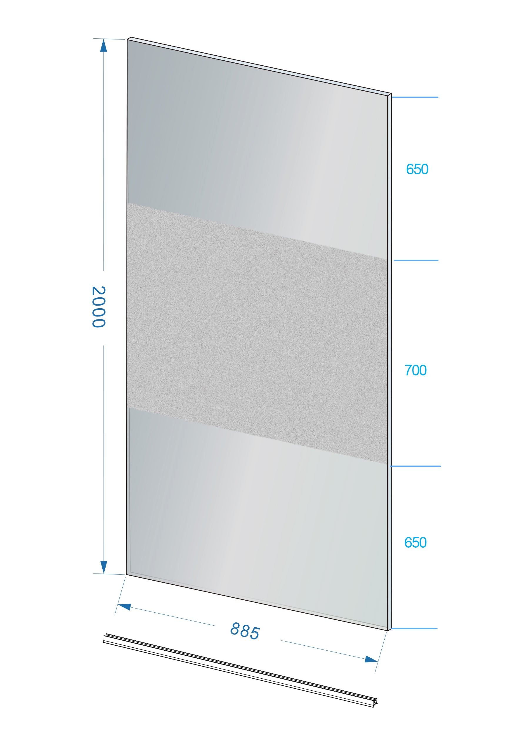 Maattekening Wiesbaden Slim glasplaat 900 x 2000 x 8 mm nano rookglas met melkglas middenband