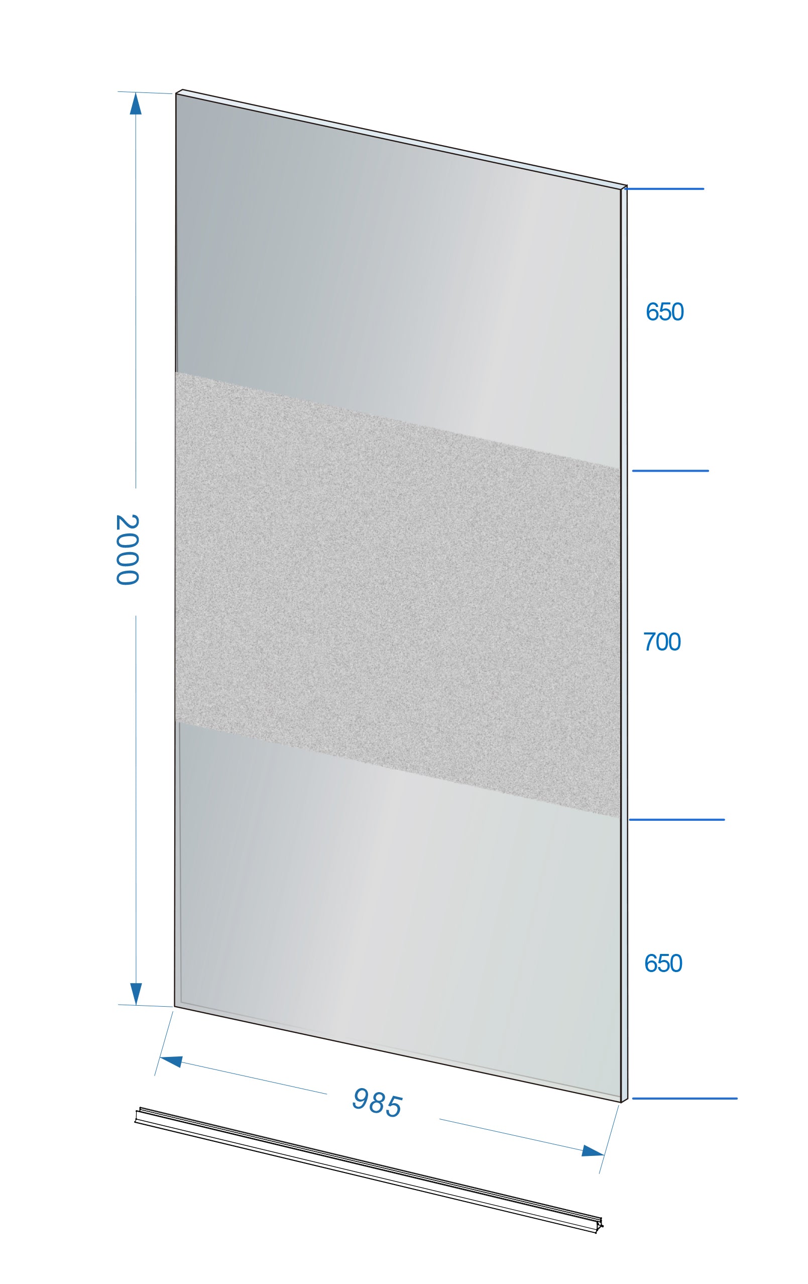 Maattekening Wiesbaden Slim glasplaat 1000 x 2000 x 8 mm nano rookglas met melkglas middenband