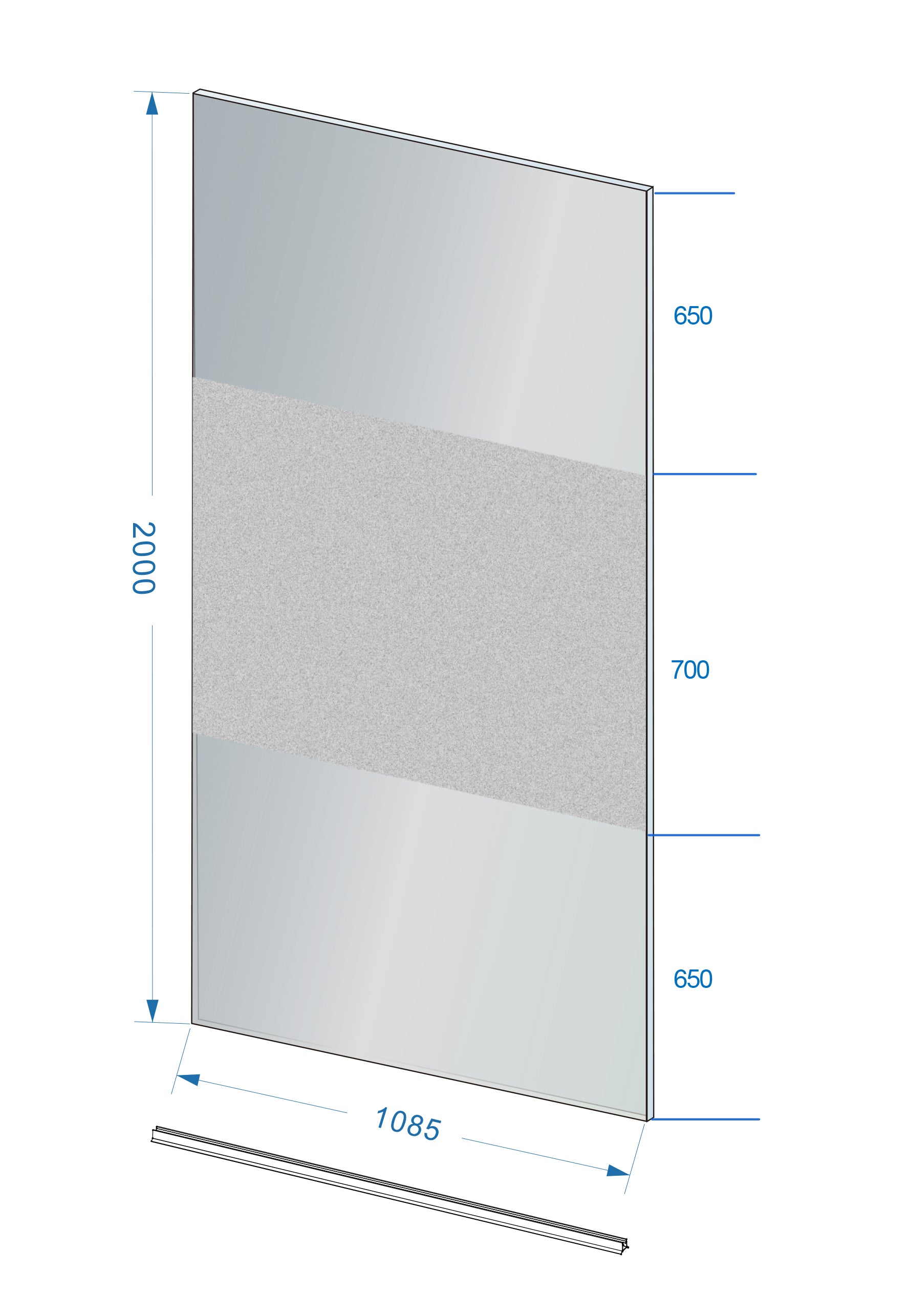 Maattekening Wiesbaden Slim glasplaat 1100 x 2000 x 8 mm nano rookglas met melkglas middenband