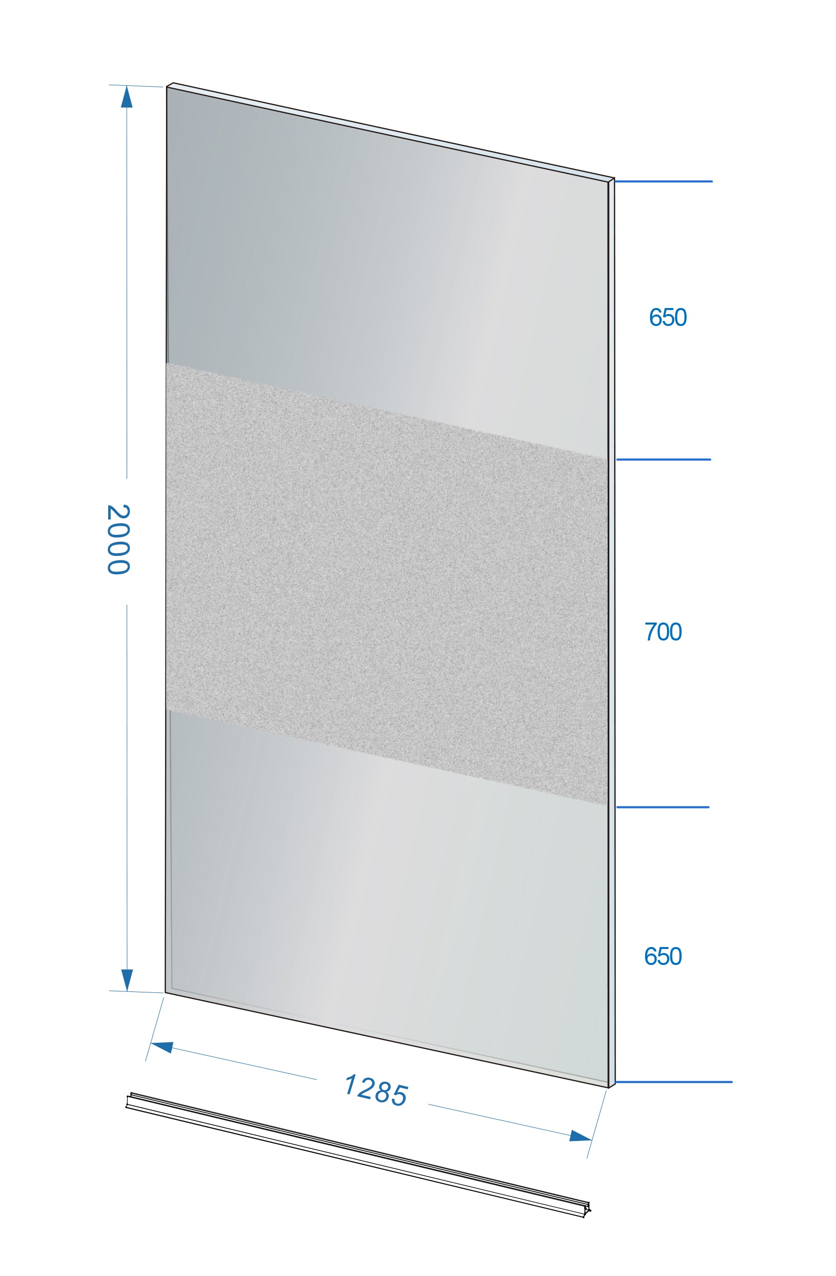 Maattekening Wiesbaden Slim glasplaat 1200 x 2000 x 8 mm nano rookglas met melkglas middenband