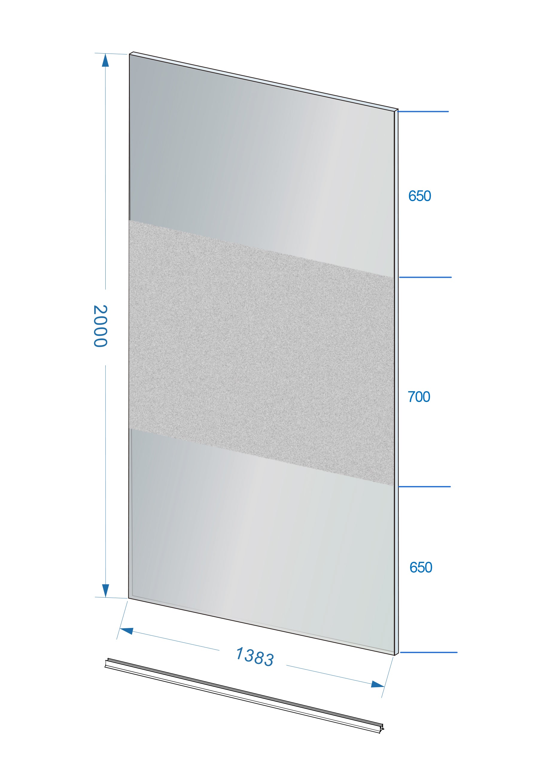 Maattekening Wiesbaden Slim glasplaat 1400 x 2000 x 8 mm nano rookglas met melkglas middenband