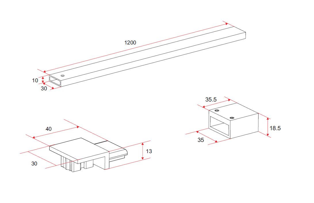 Maattekening Wiesbaden Horizon stabilisatiestang 120cm voor inloopdouche mat zwart