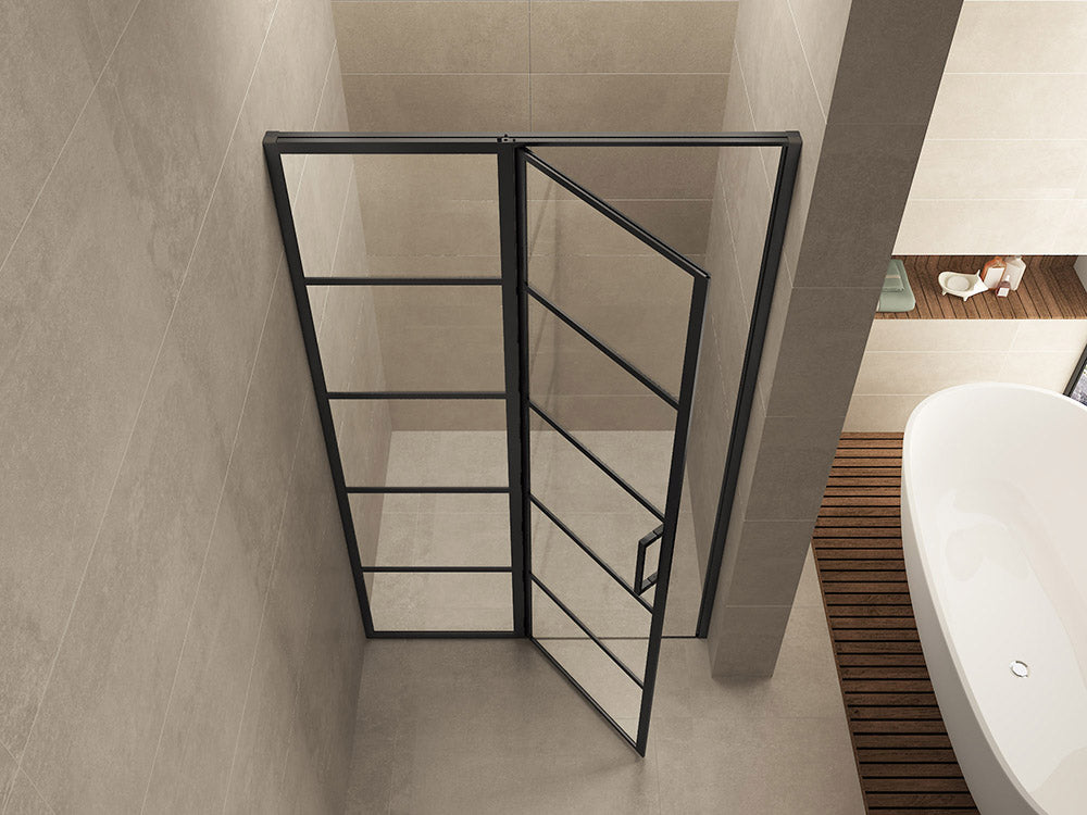 Wiesbaden Horizon nisdeur met vast deel en raster 1100 x 2000 x 8mm nano helder glas/mat zwart
