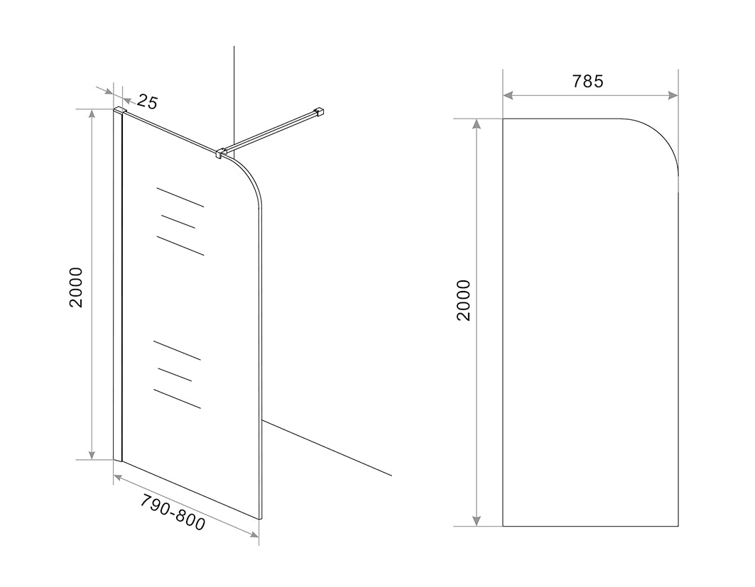 Maattekening Wiesbaden Curvea inloopdouche 800 x 2000 x 8 mm nano rookglas
