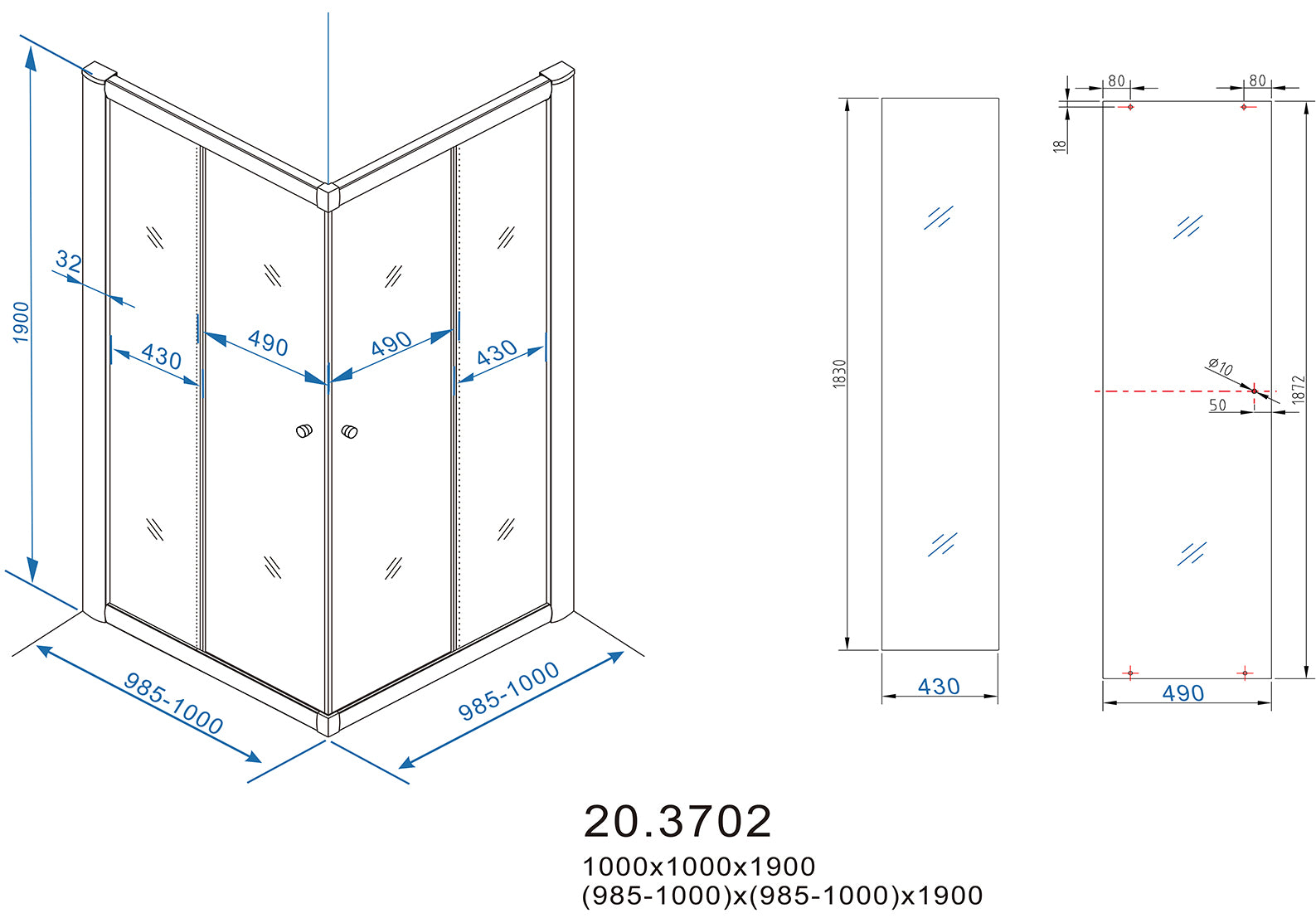 Maattekening Eco hoekinstap cabine met 2 schuifdeuren 1000 x 1000 x 1900 x 5 mm nano helder glas/chroom